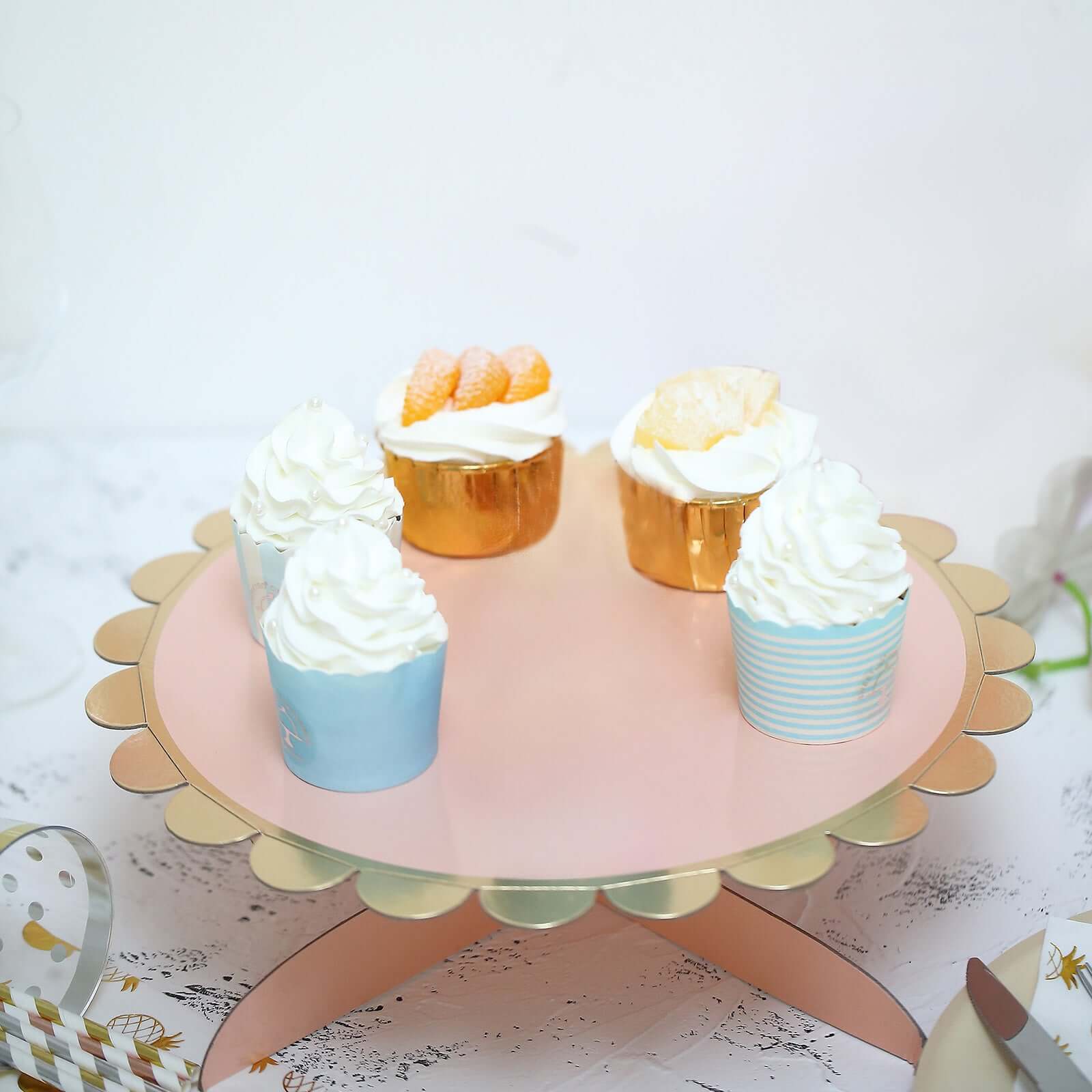1-Tier Cardboard Cake Stand Blush - Stylish Reusable Cupcake Dessert Holder with Gold Scalloped Rim for Baby Showers Birthdays & Events 13"