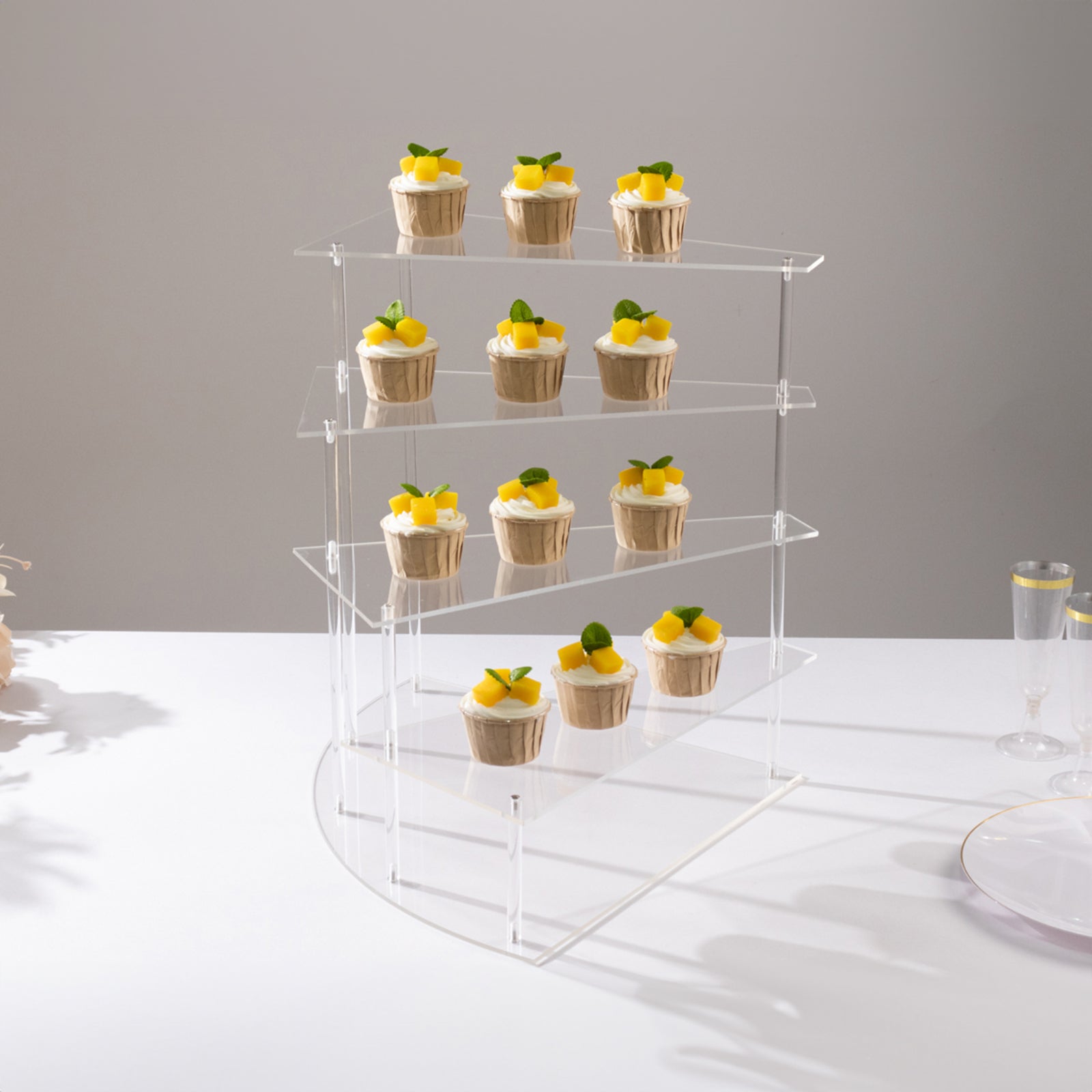 4-Tier Acrylic Cupcake Display Stand Clear Spiral Stairway Design - Stylish Reusable Multi Level Serving Tray Organizer Shelf Riser for Dessert Perfume Retail Jewelry & Collectibles 17"