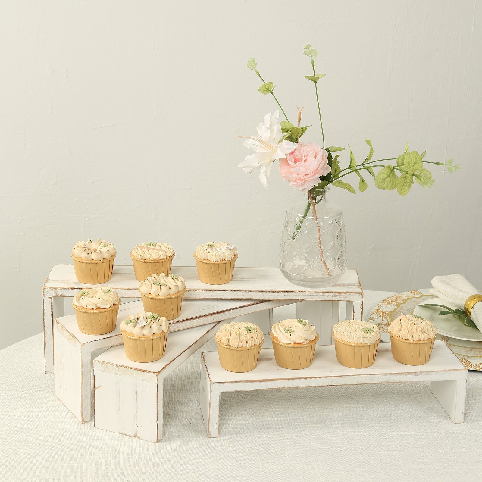 Set of 4 Wooden Display Risers Whitewash Rectangular Bench Style - Stackable Rustic Farmhouse Nesting Stands 14", 16", 17", 19"
