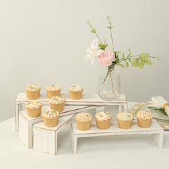 Set of 4 Wooden Display Risers Whitewash Rectangular Bench Style - Stackable Rustic Farmhouse Nesting Stands 14", 16", 17", 19"