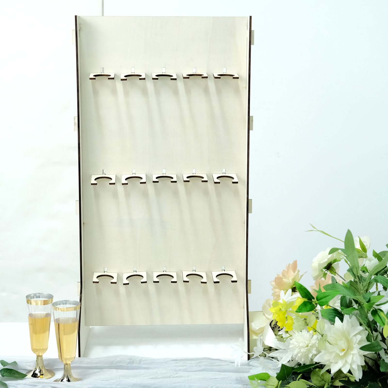 3-Tier Wooden Rectangle Champagne Wall Glass Holder in White - Floor Standing 15 Stemware Rack Cocktail Display Drink Organizer for Rustic Events & Banquets