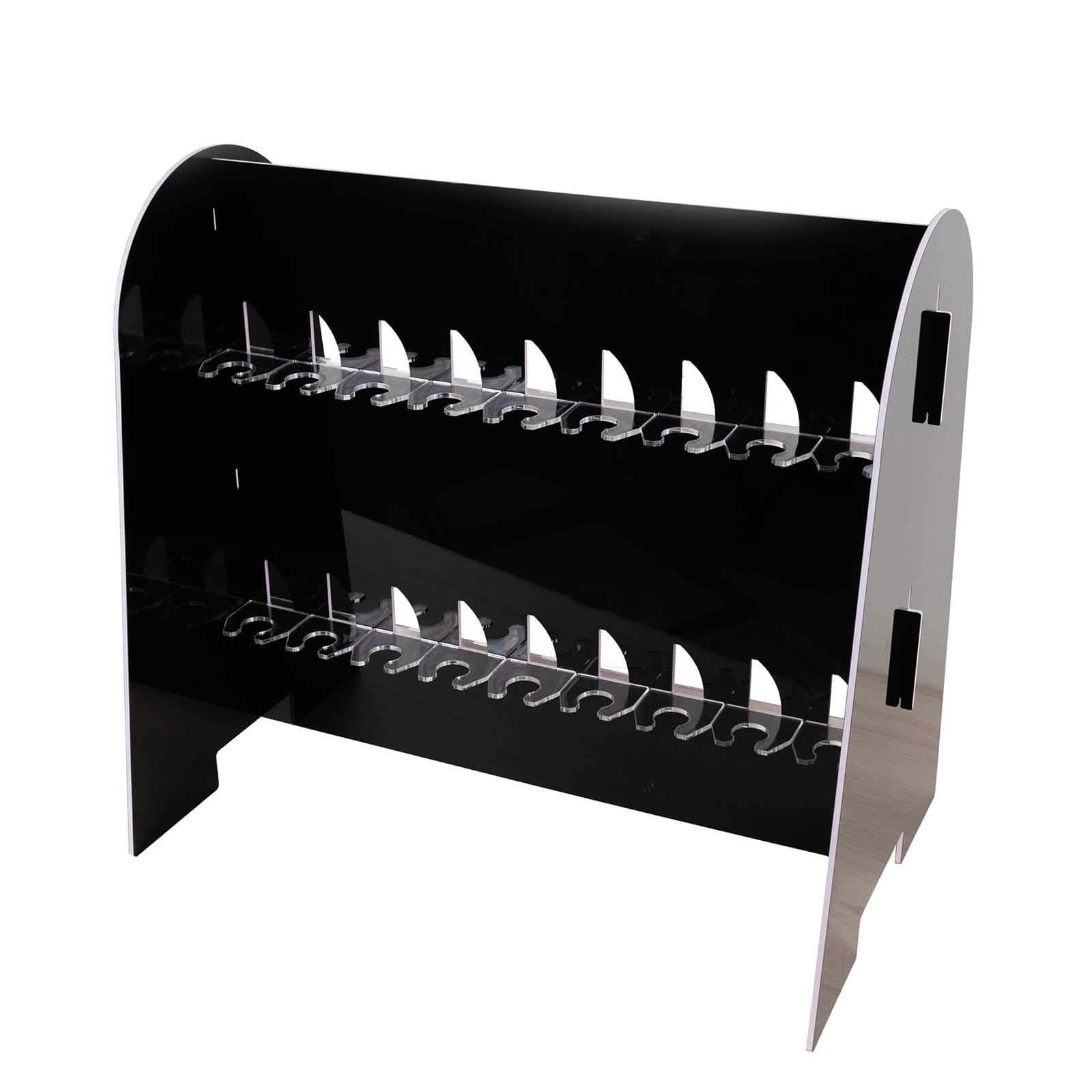 2-Tier Champagne Glass Holder Display Stand Table Top in Glossy Black - Modern Stemware Rack Cocktail Drink Holder with 18 Hooks for Events & DIY Bars 25"