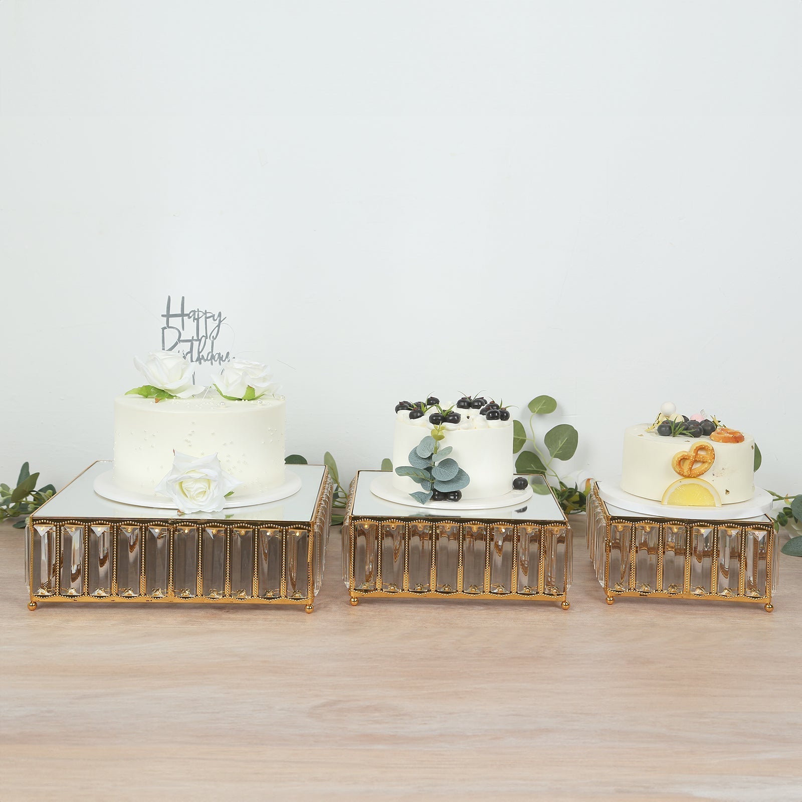 Set of 3 Gold Metal Crystal Pendant Cake Stands with Mirror Top, Stackable Square Dessert Display Trays - 7",10",12"