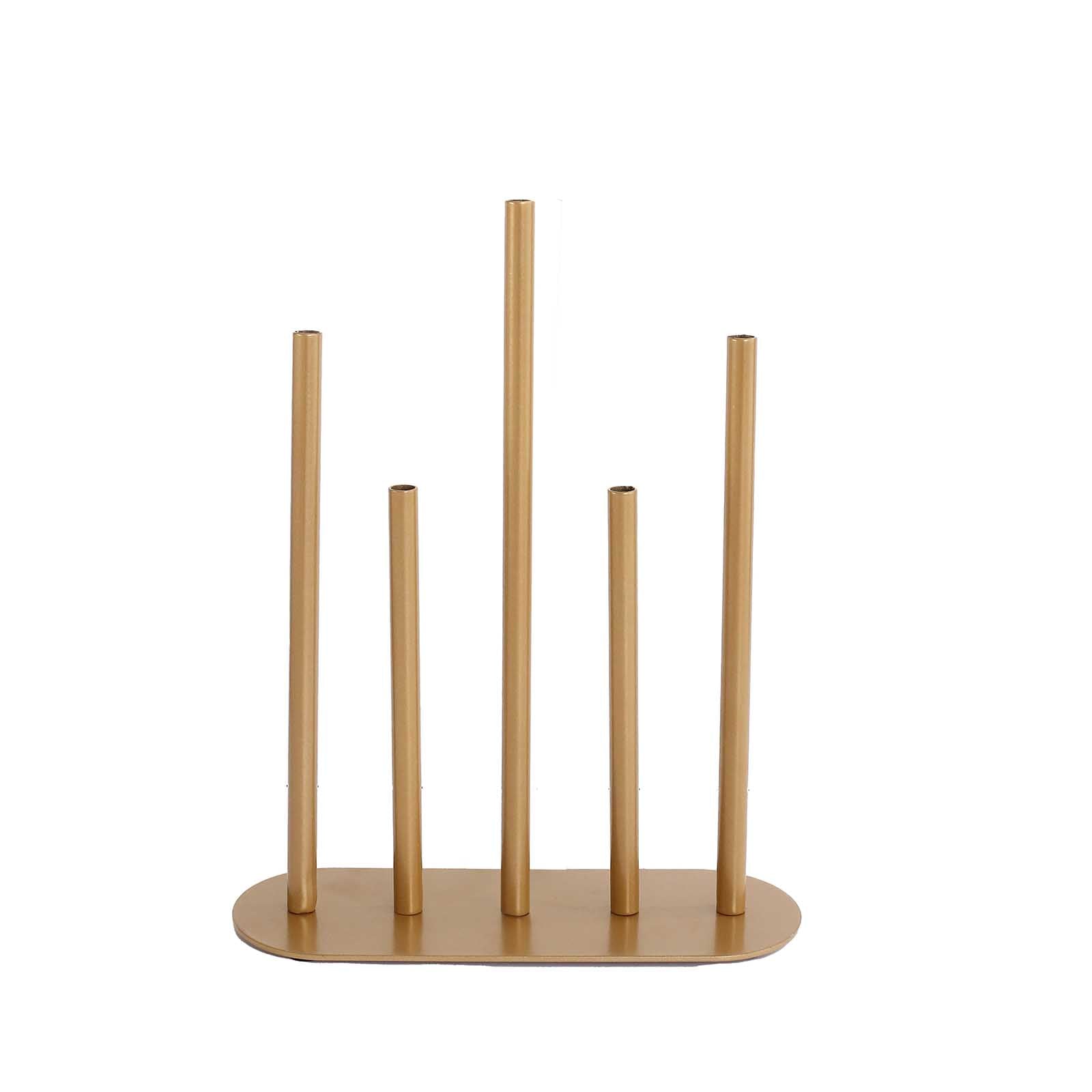 Bud Vase Gold Metal Minimalist Design with 5-Tubes - Single Stem Flower Centerpiece 10"