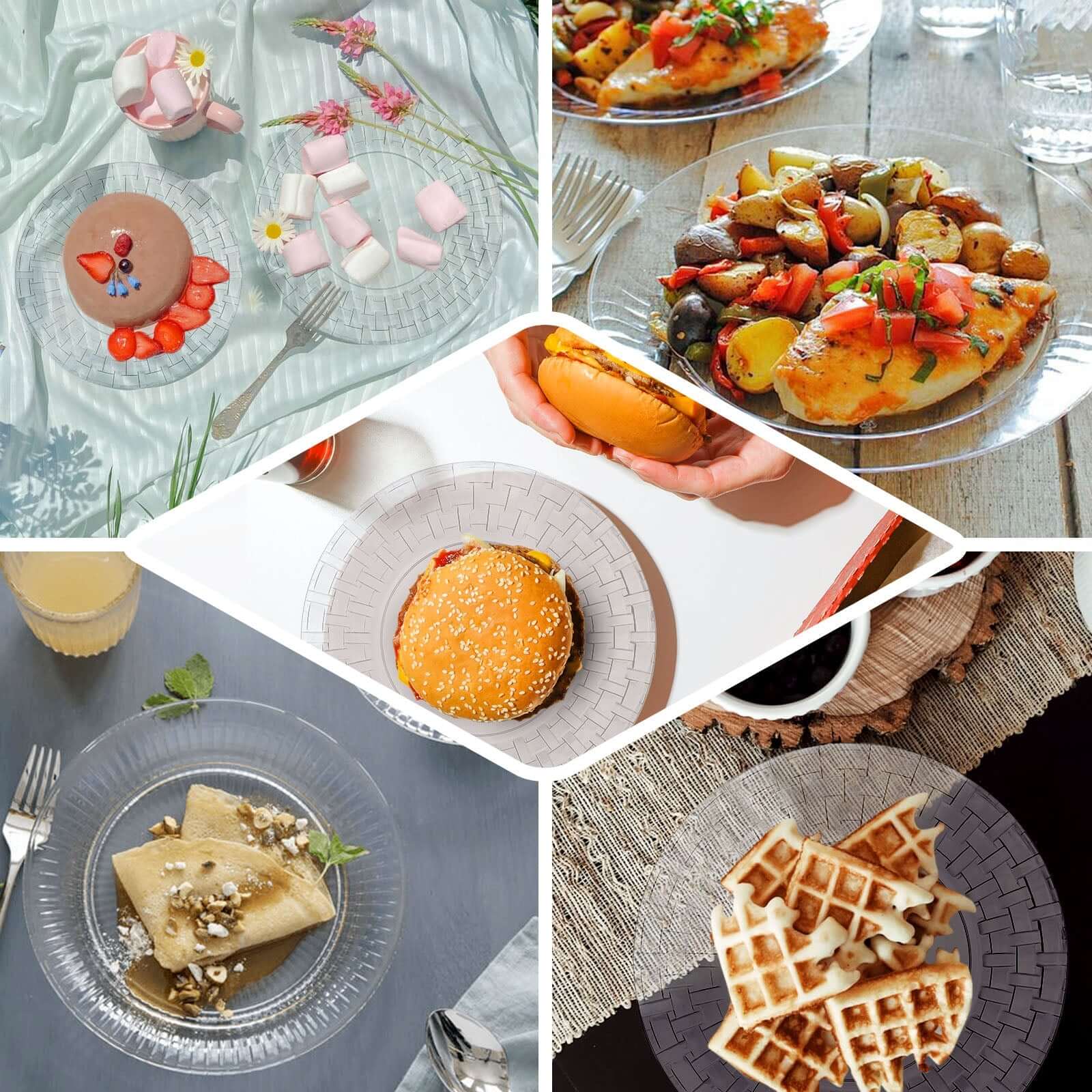 10-Pack Plastic Dinner Plates Clear Basketweave Rim - Durable Disposable Dinner Plates 10"