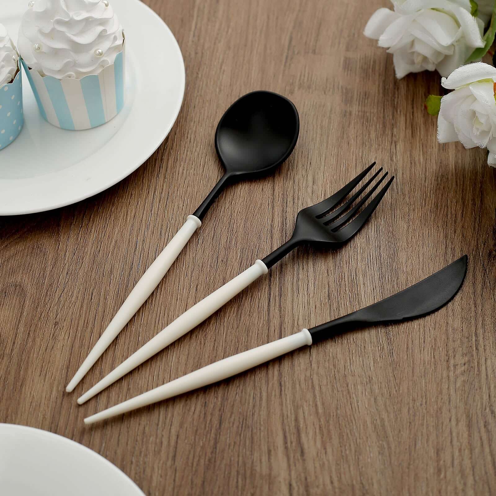 24-Pack Plastic Flatware Set in Black with Ivory Handle - Heavy Duty Disposable Modern Silverware 8"