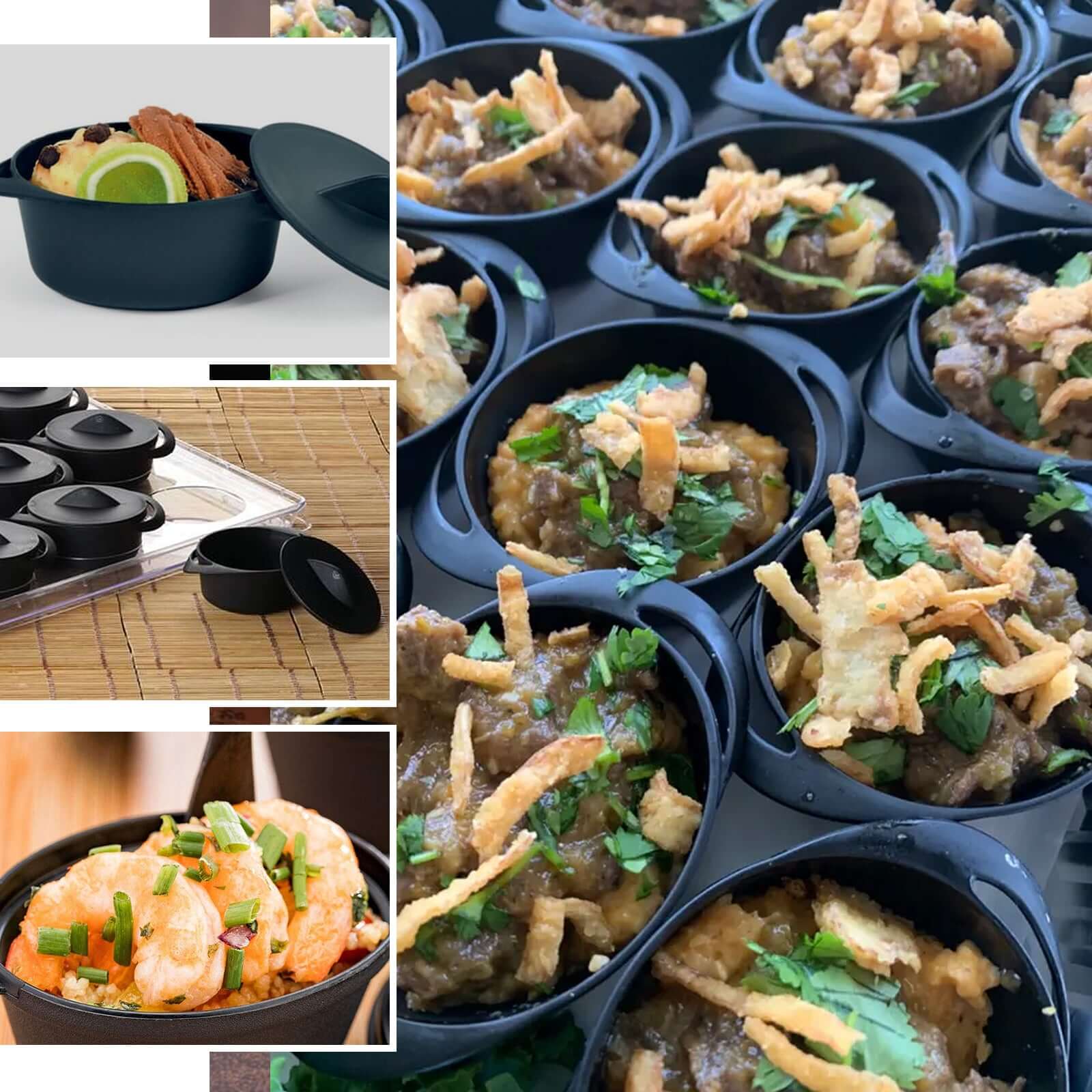 6 Pack 3oz Black Mini Plastic Cooking Pot Bowls, Disposable Mini Dessert & Appetizer Dishes with Lid and Handles