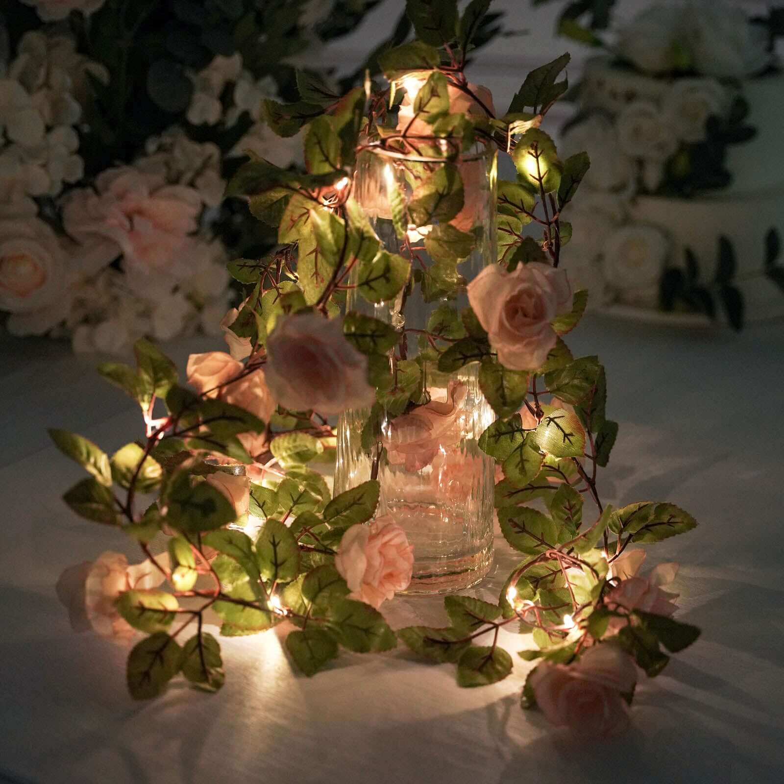 7ft 20 LED Blush Silk Rose Flower Garland Vine String Lights, Warm White Battery Operated