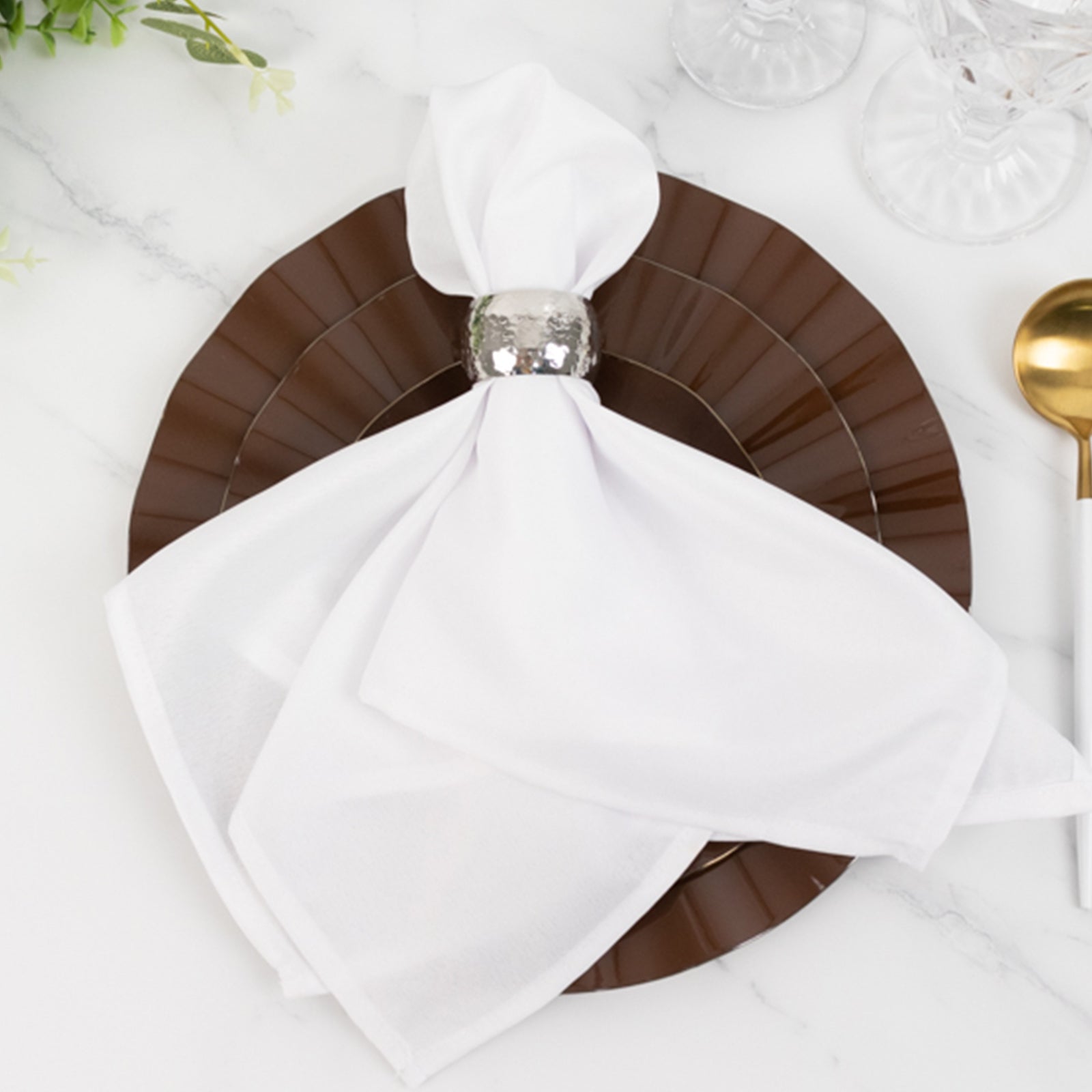 10-Pack Plastic Round 6" Dessert Plates in Cinnamon Brown Ruffled Rim with Gold Edging - Sturdy Disposable Salad Appetizer Dinnerware