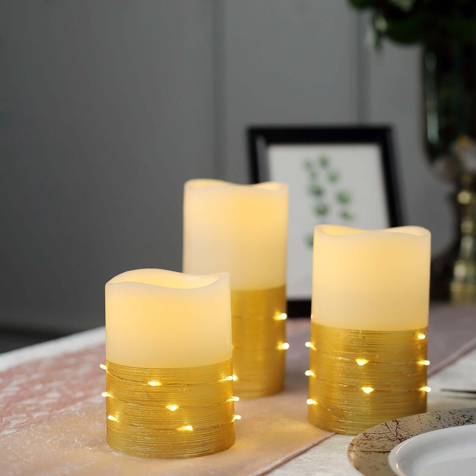 Set of 3 LED Flameless Pillar Candles Wrapped with Fairy String Lights Gold - Remote Operated 4", 5", 6"