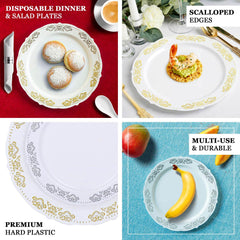 10-Pack Plastic 7.5" Round Appetizer Plates Gold Embossed Scalloped Edge - Chic Disposable Salad Plates for Special Occasions & Banquets