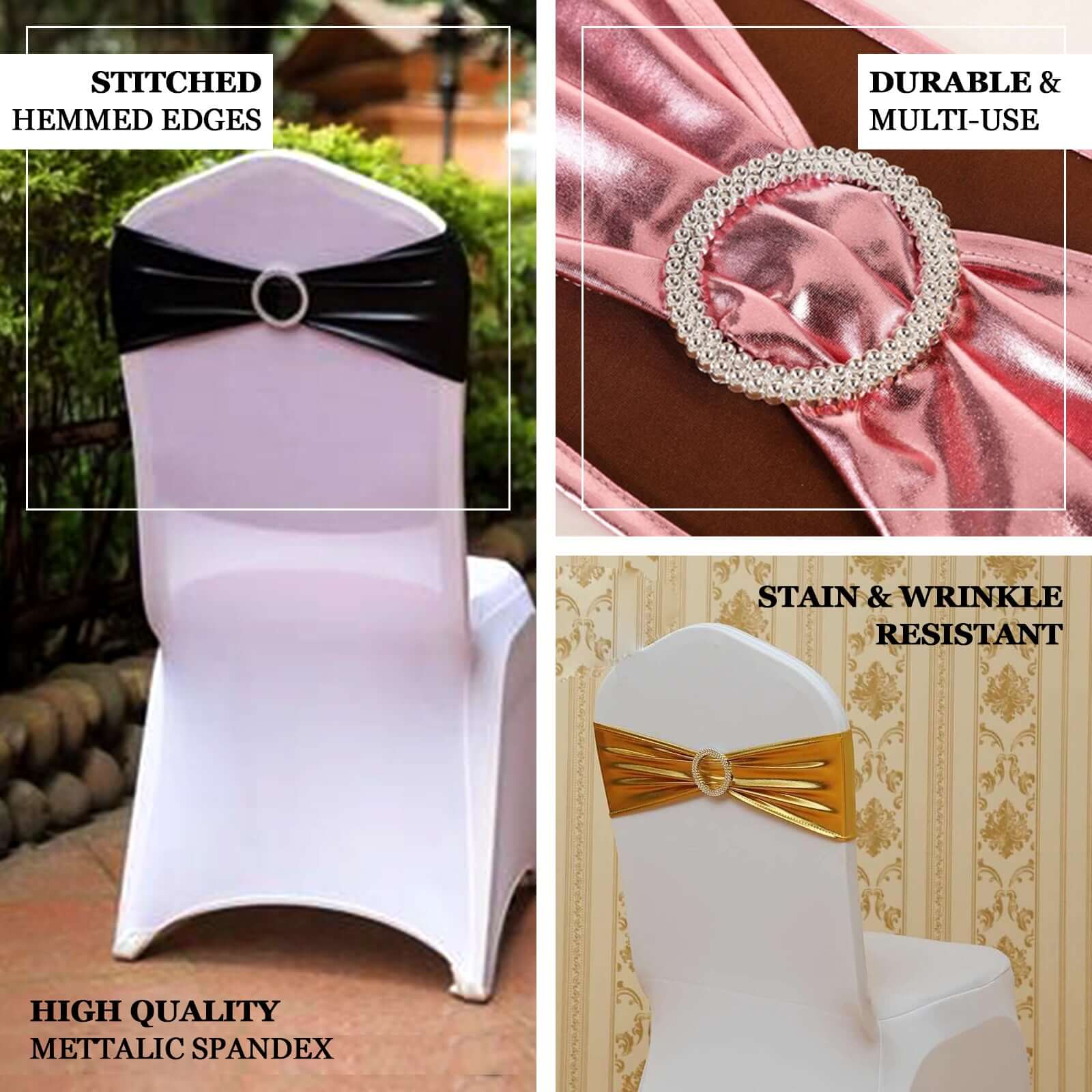 5 Pack Metallic Spandex Chair Sashes Gold - Stretch Fit Chair Bands With Round Diamond Buckles for Glamorous Event Decor