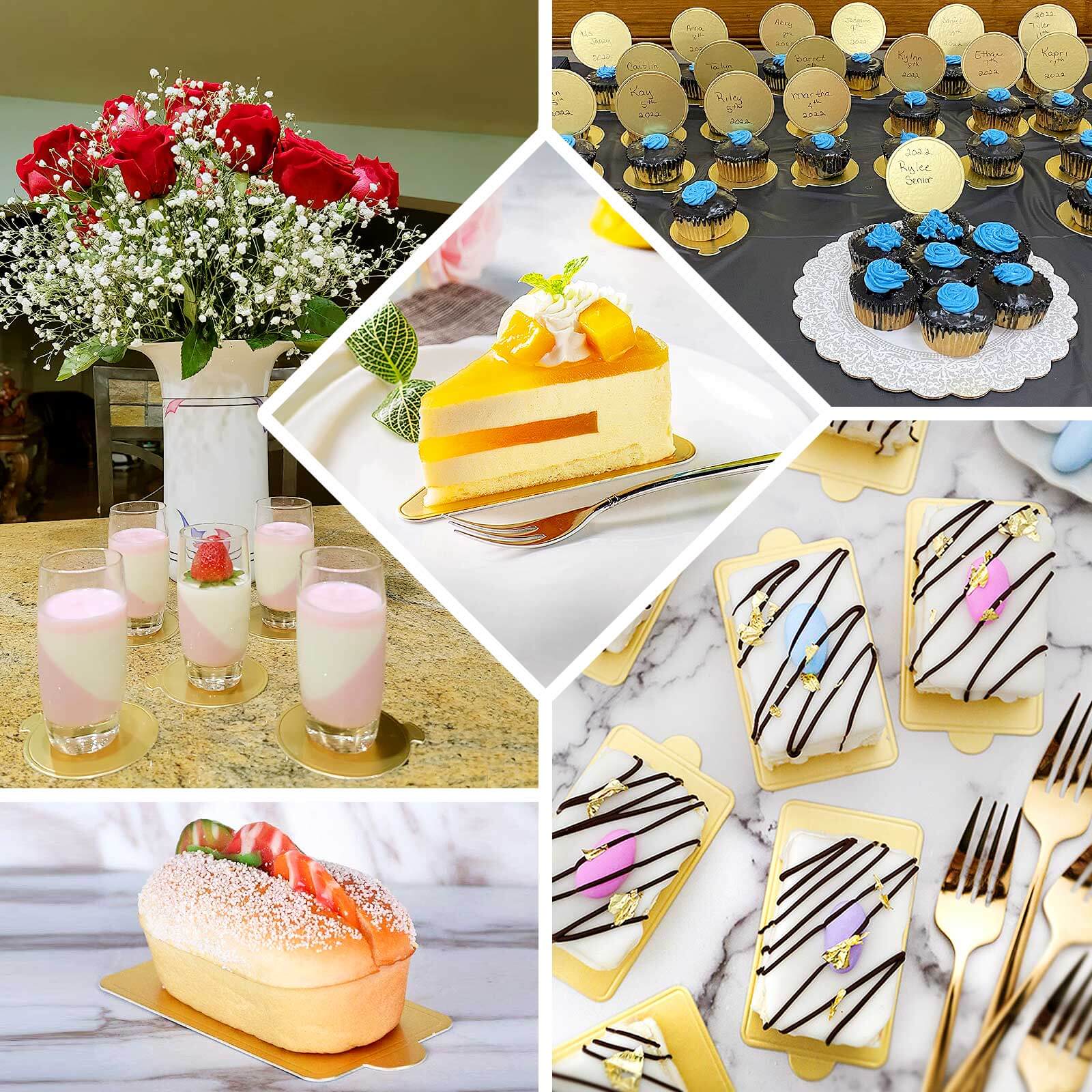 50-Pack Rectangle Cake Boards in Gold Cardboard - Grease Proof Mini Paper Trays for Pastries Cupcakes & Dessert Slices 2.4"x4"