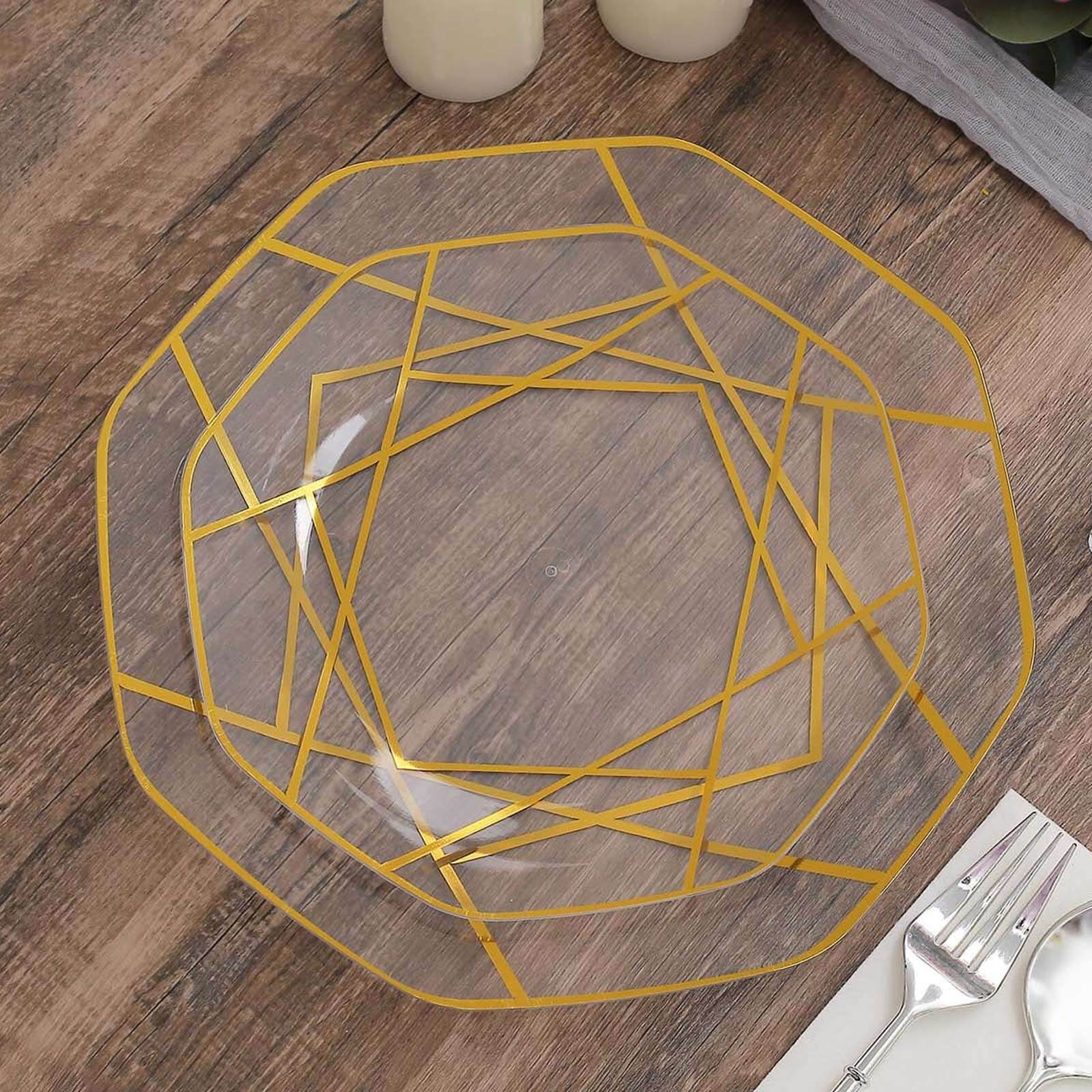 10-Pack Plastic 8" Octagon Dessert Plates in Clear - Modern Disposable Salad/Appetizer Plates with Gold Geometric Design for Special Occasions & Celebrations