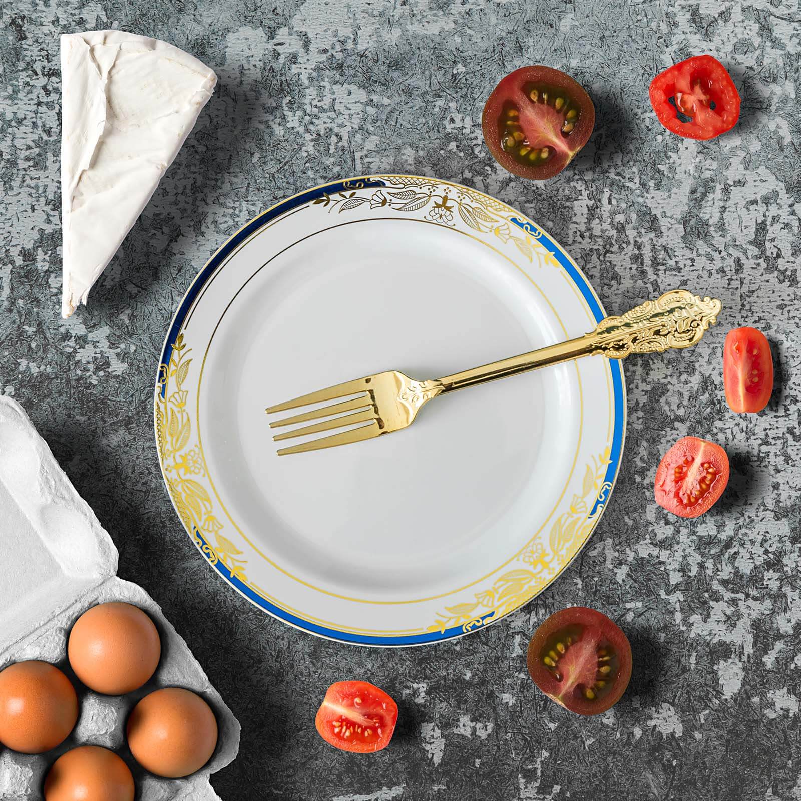 10-Pack Plastic 8" Round Dessert Plates in White with Royal Blue Rim - Stylish Gold Vine Design Disposable Salad/Appetizer Plates for Special Occasions & Celebrations