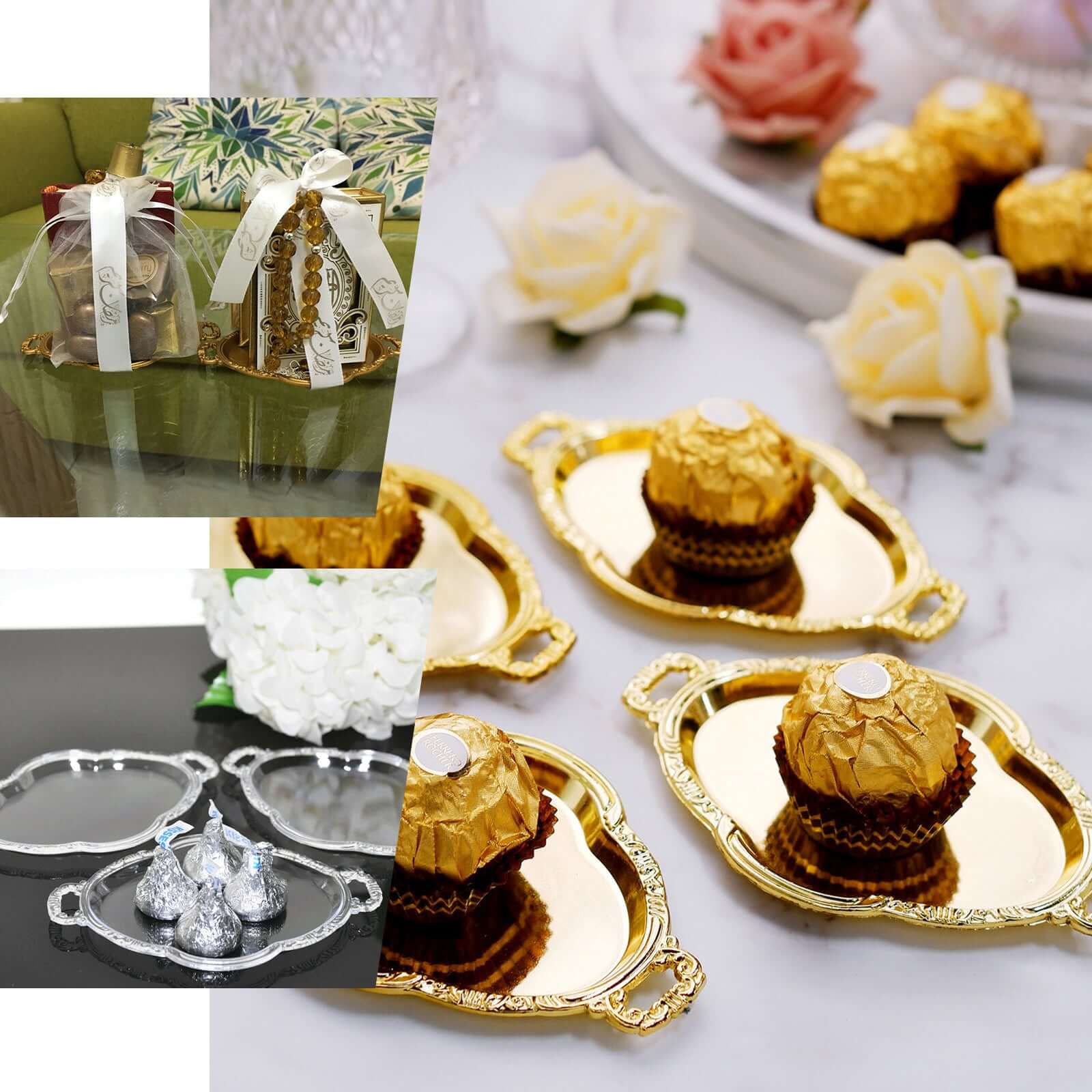 12-Pack Display Trays Party Favor Baroque Oval Design Silver - Mini Serving Platters for Sweets and Desserts 4.5"
