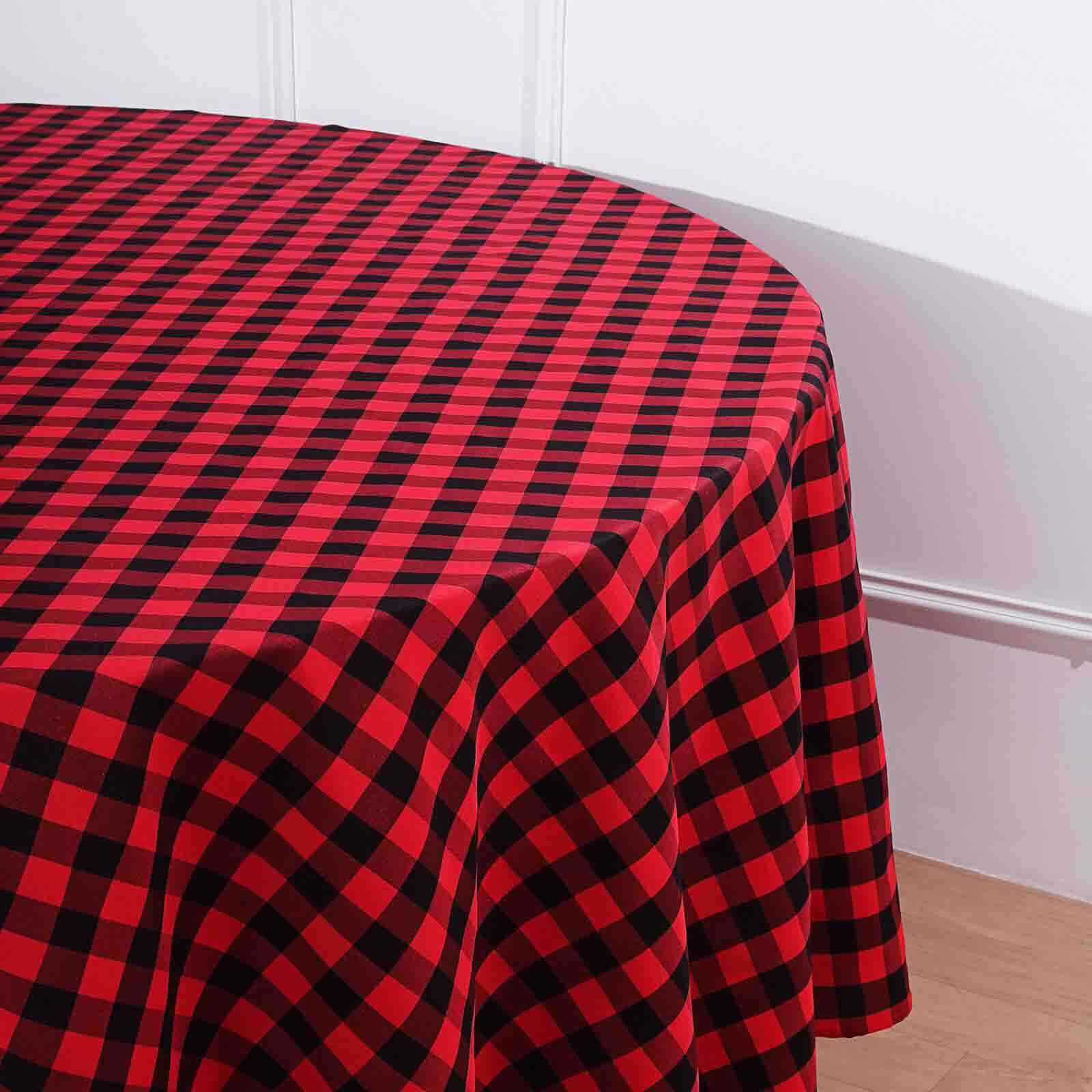 108" Black Red Buffalo Plaid Round Tablecloth, Checkered Gingham Polyester Tablecloth