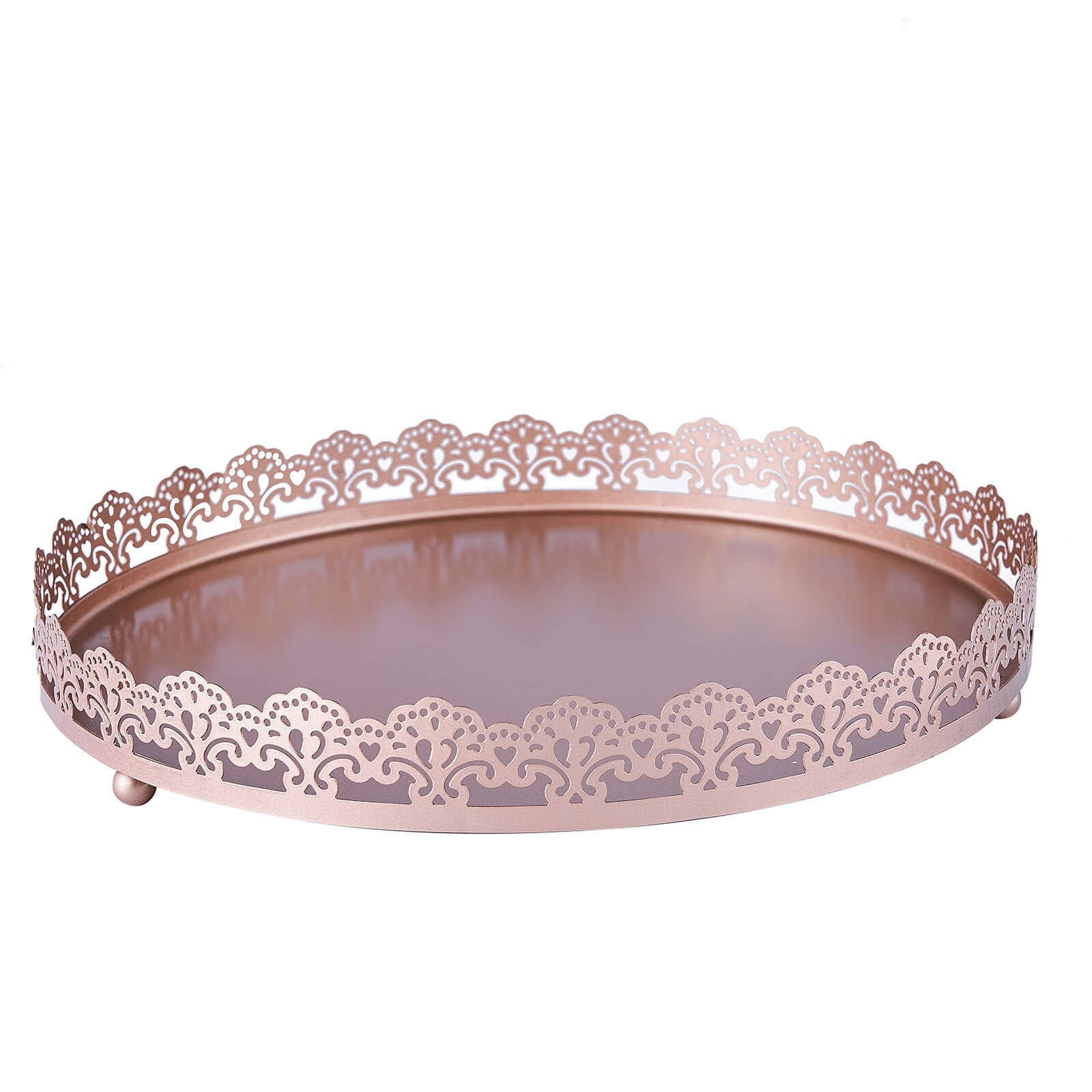 Metal Round Serving Tray 12" in Rose Gold with Embellished Rims, Stylish Decorative Vanity Tray Centerpiece