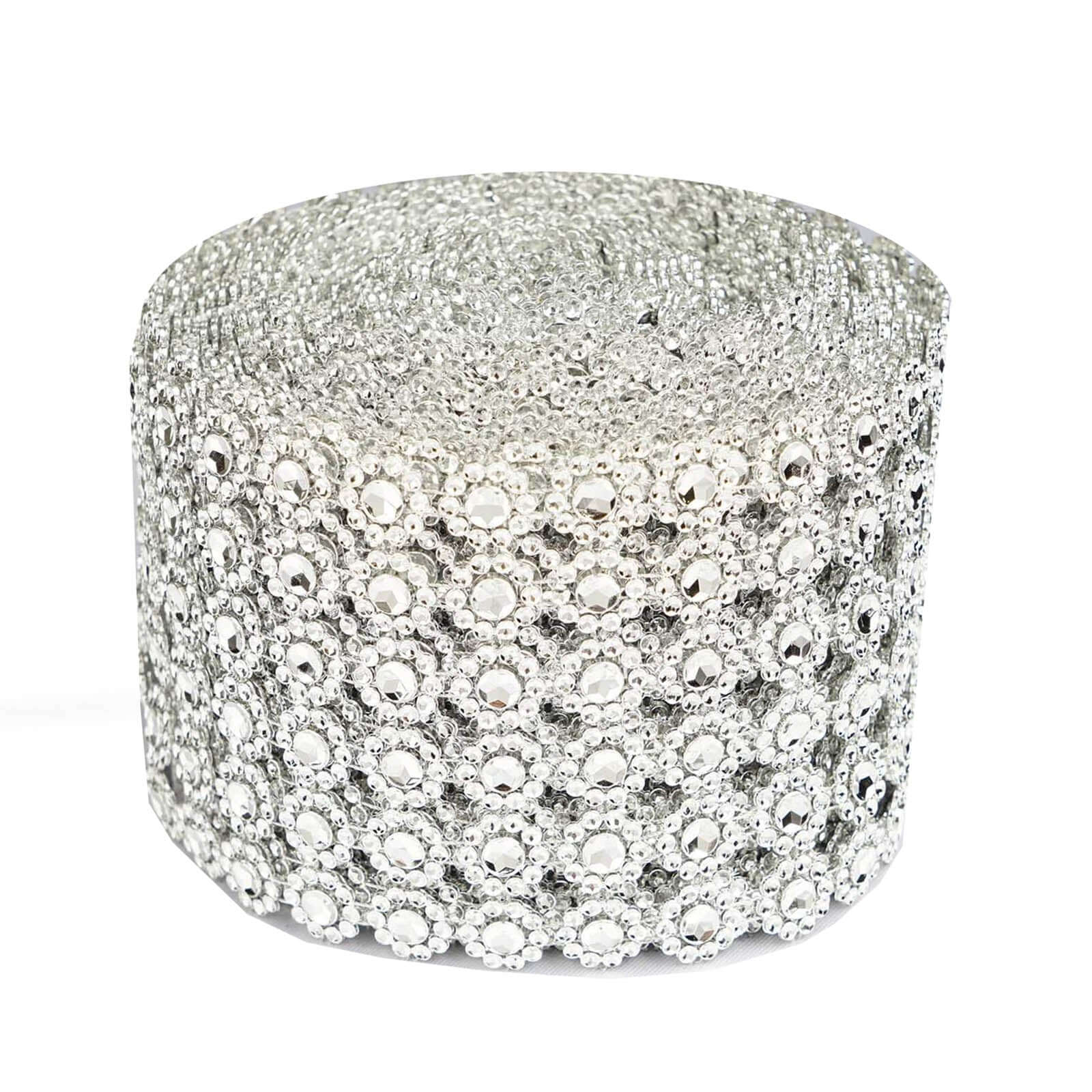 4"x10 Yards Silver Fleur Diamond Rhinestone Ribbon Wrap Roll, DIY Craft Ribbon