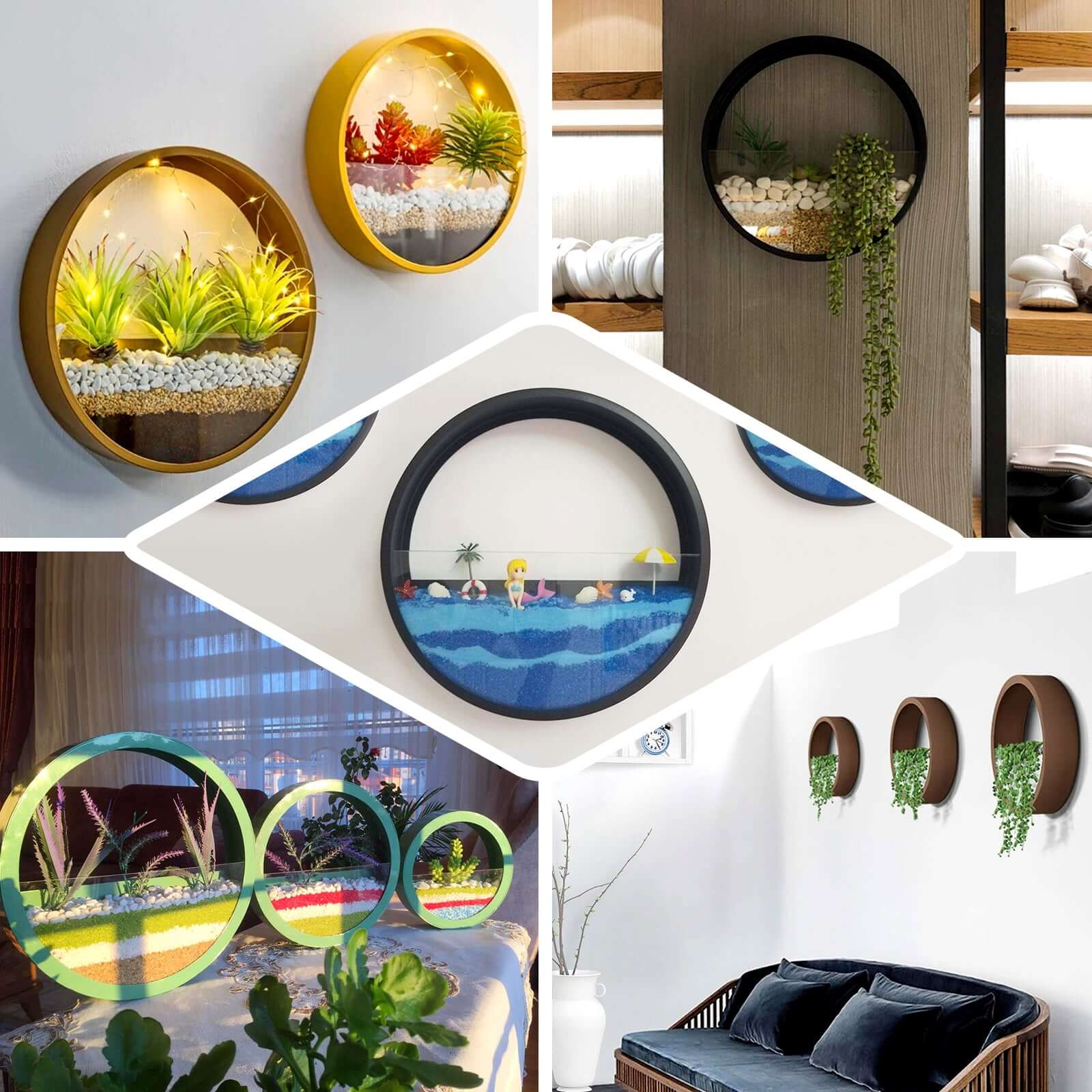 Set of 3 Gold Half Moon Wall Planters, Round Metal Wall Hanging Planter, Modern Indoor Outdoor Terrarium - 6",8",12"