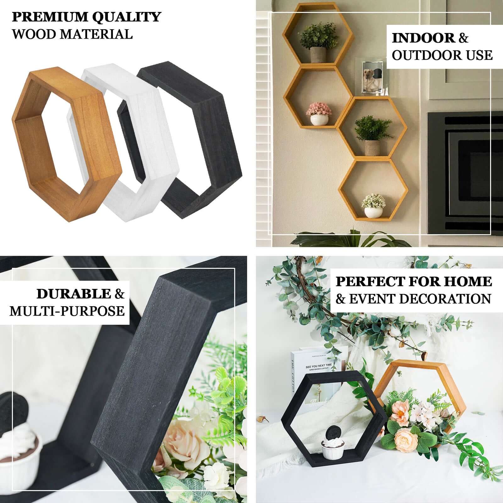2 Pack 9" Tall Hexagon Rustic Wood Centerpiece Natural Geometric Terrarium Honeycomb Storage Shelf