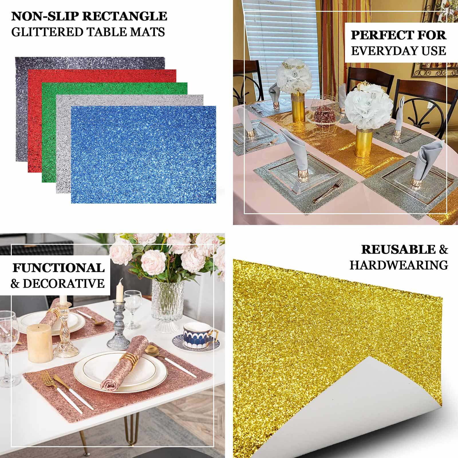 6-Pack Placemats Glitter Design Black Sparkle Rectangle - Non-Slip Decorative Dining Table Mats 12"x18"