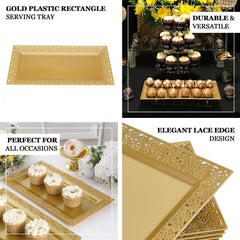 4-Pack Plastic 14" Rectangle Serving Trays Gold with Lace Rim - Chic Decorative Table Tray Platters for Buffets Banquets Dinner Parties