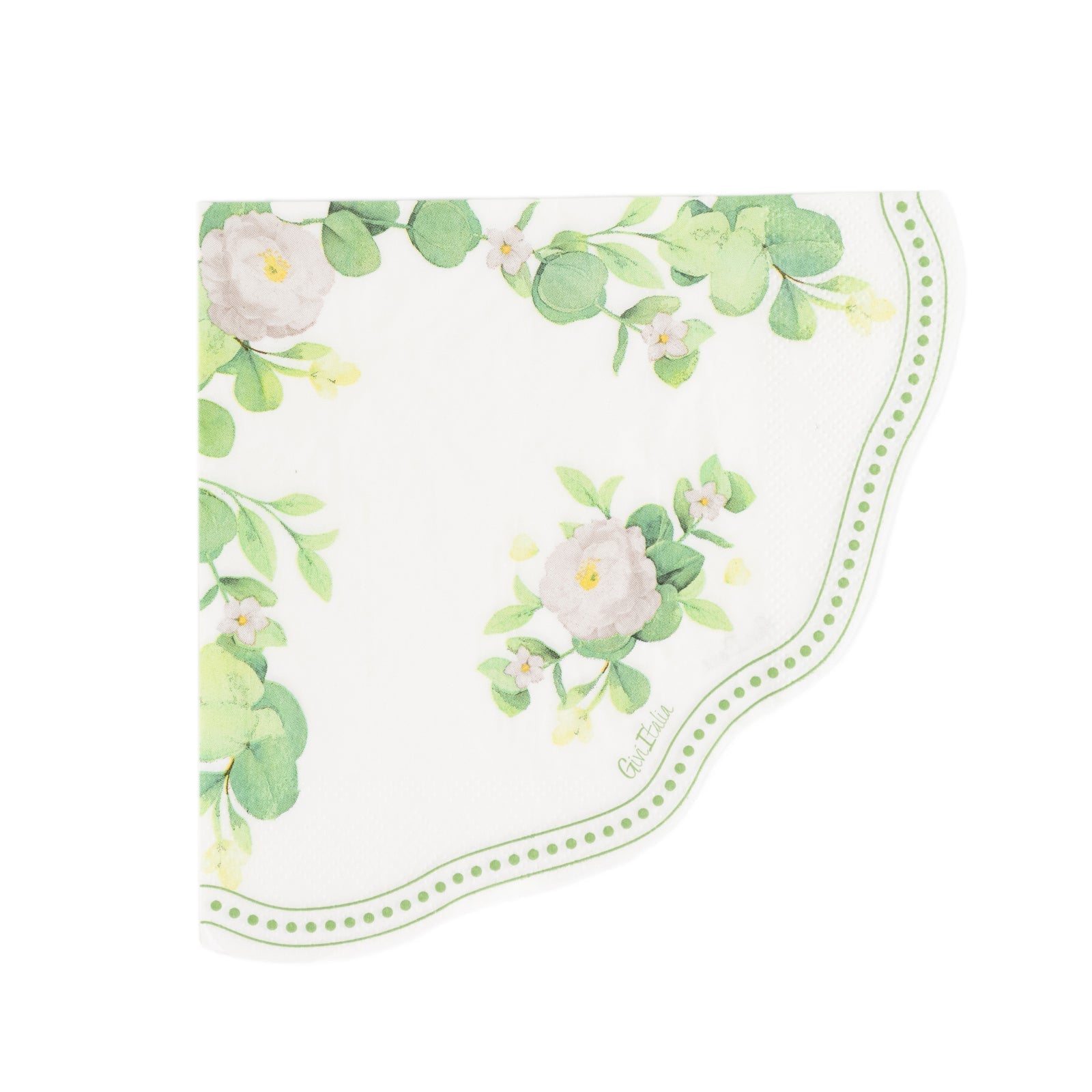 25-Pack Round Paper Cocktail Napkins with Floral Greenery and Scalloped Edge White - Disposable 2 Ply Beverage Napkins 12"