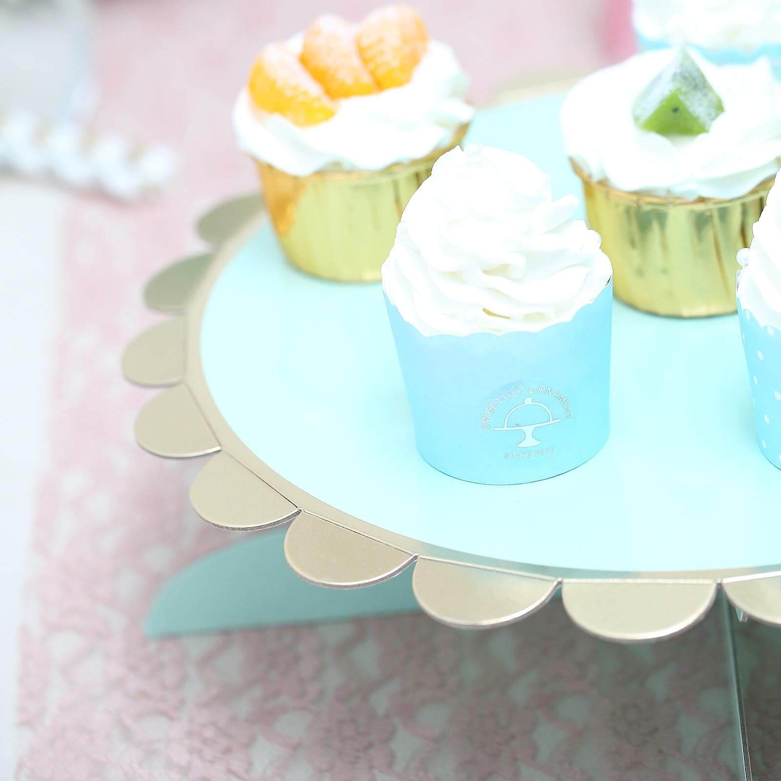 1-Tier Cardboard Cake Stand Mint - Stylish Reusable Cupcake Dessert Holder with Gold Scalloped Rim for Baby Showers Birthdays & Events 13"