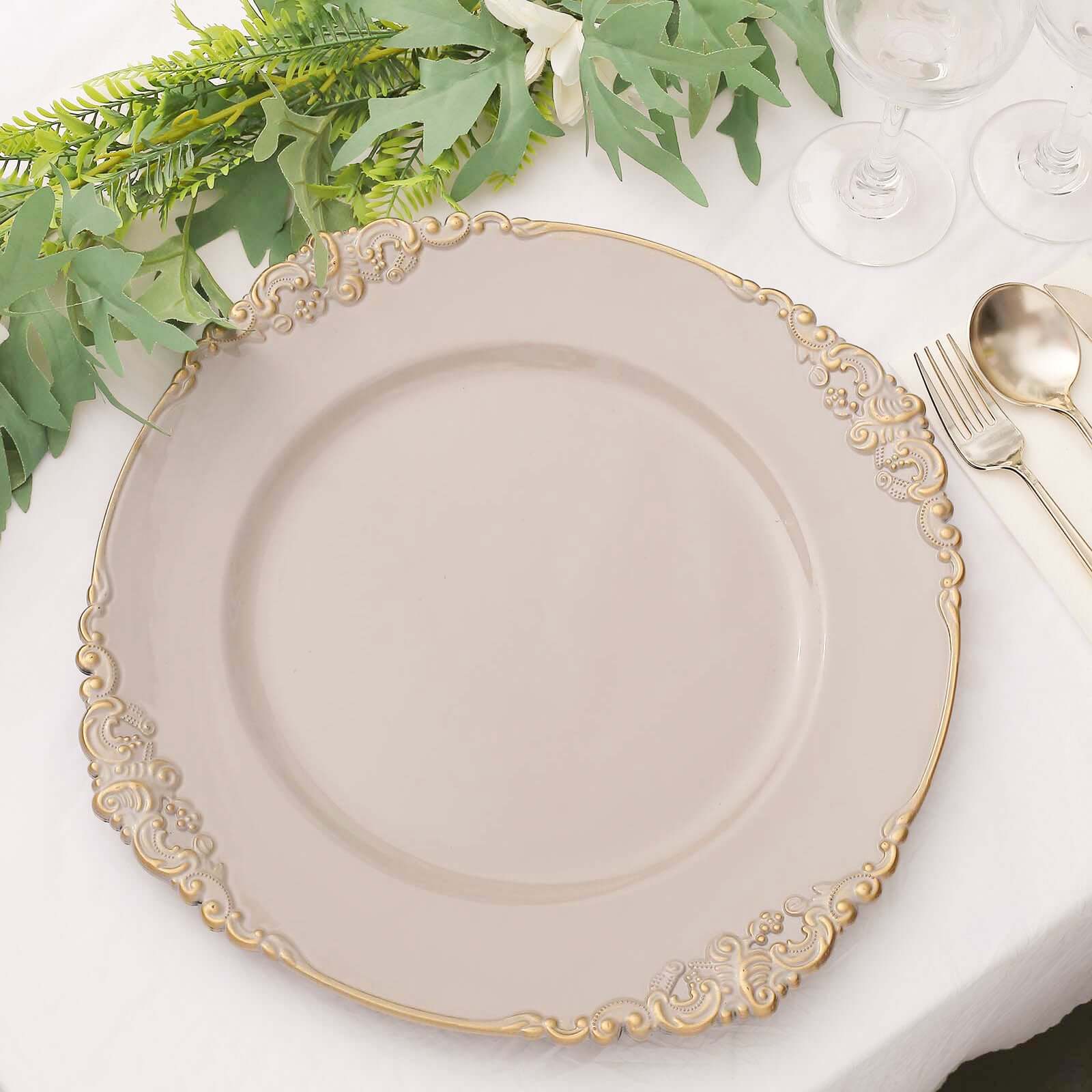 6-Pack Acrylic Round Charger Plates 13" in Nude Taupe with Gold Embossed Baroque Rim, Antique Decorative Dinner Party Charger Tableware