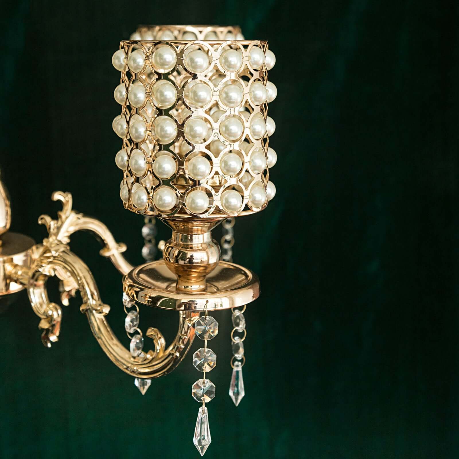 Metal Pearl Beaded Candelabra in Gold 6-Arm - Stylish Table Centerpiece with Crystal Chandelier Pendants