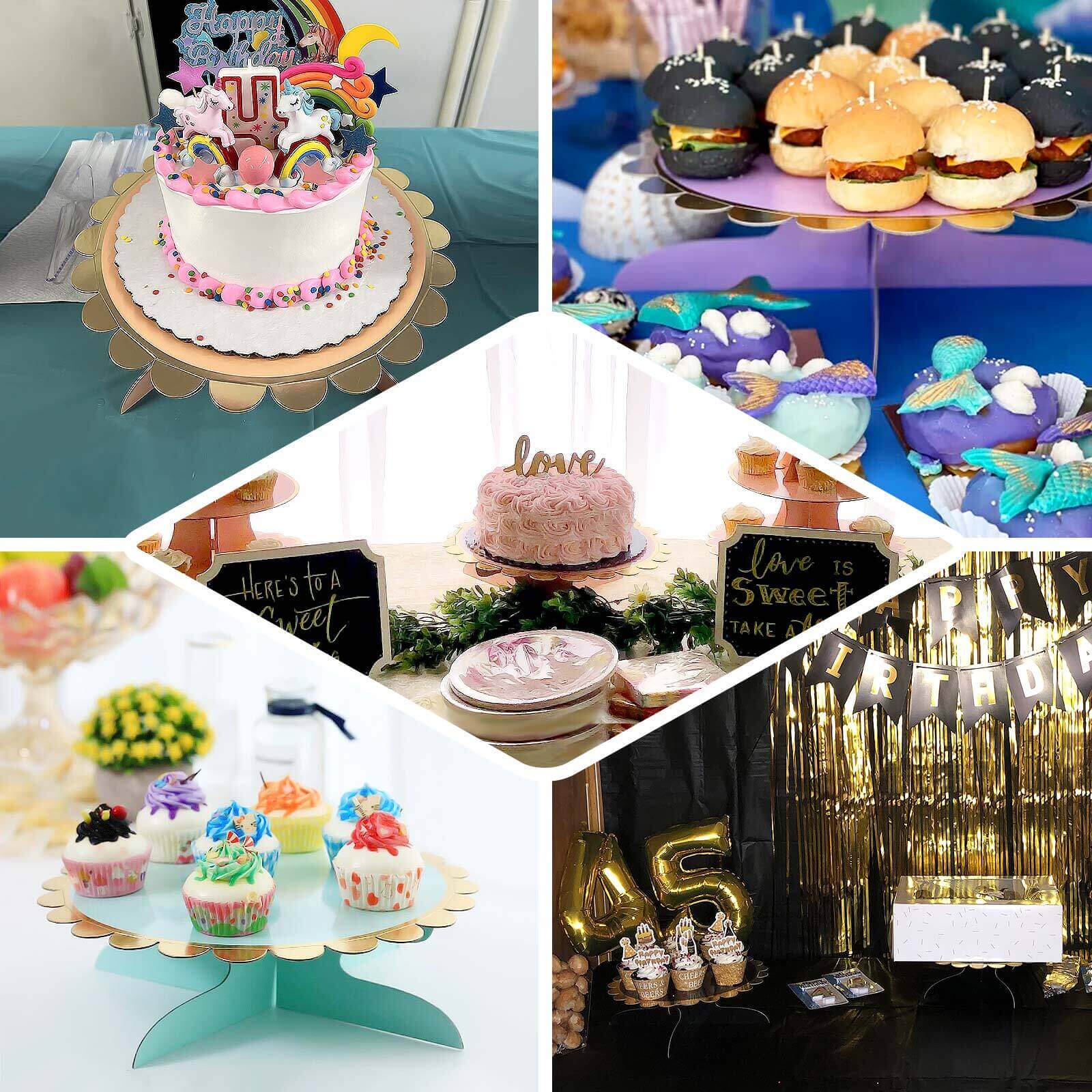 1-Tier Cardboard Cake Stand Light Blue - Stylish Reusable Cupcake Dessert Holder with Gold Scalloped Rim for Baby Showers Birthdays & Events 13"