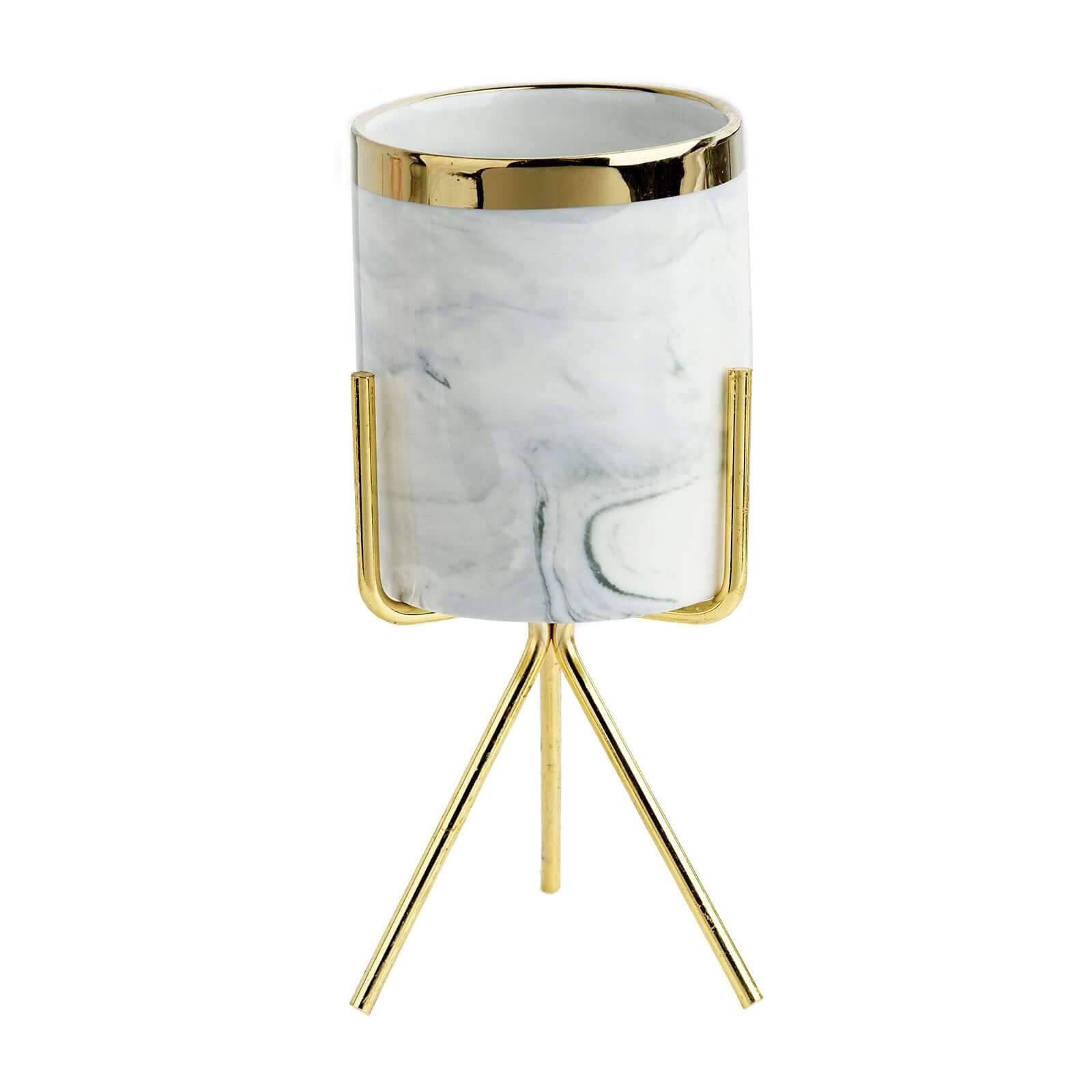 8" Gold Rimmed Marble Ceramic Vase Planter Pot With Gold Metal Stand