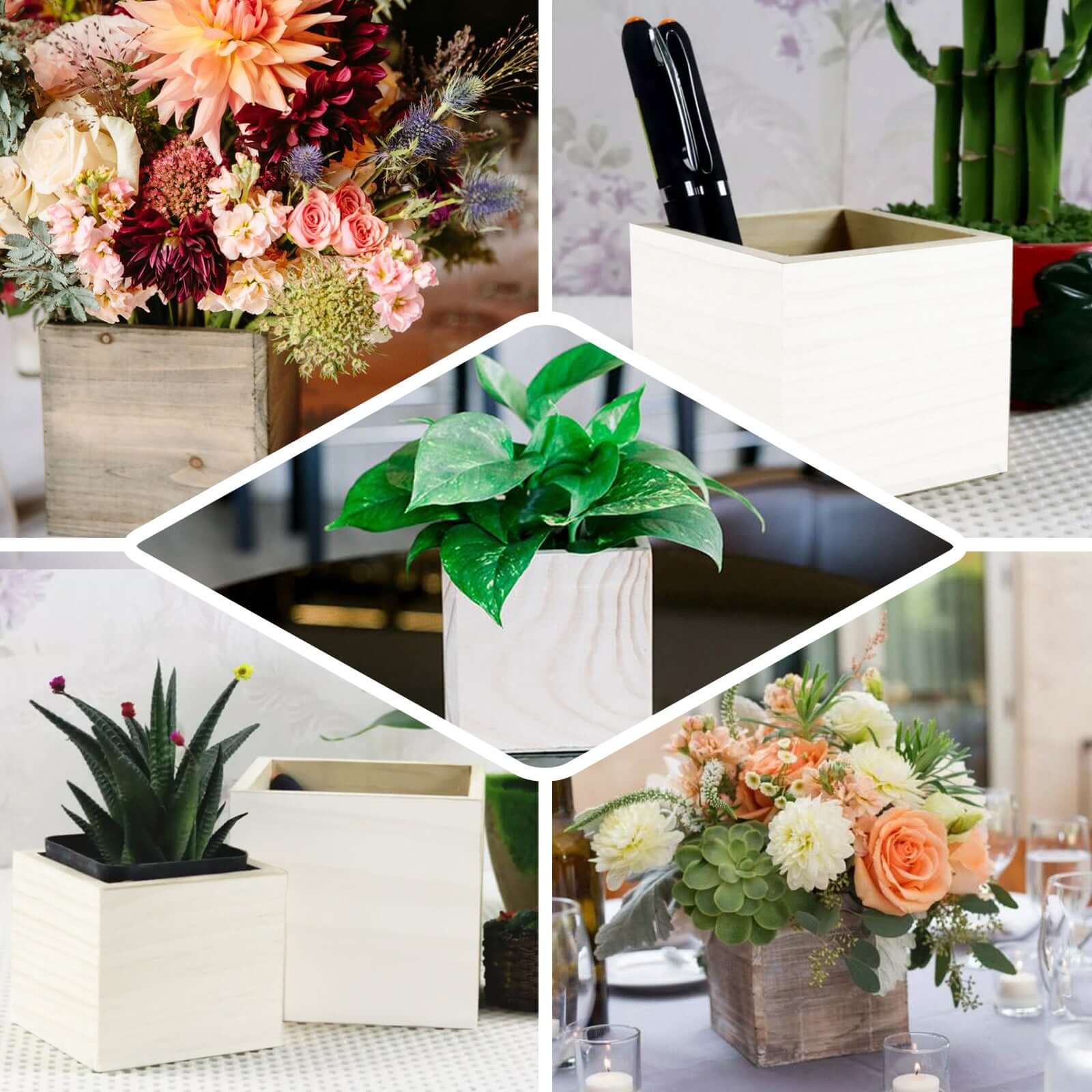 2 Pack 6" Whitewash Square Wood Planter Box Set With Removable Plastic Liners