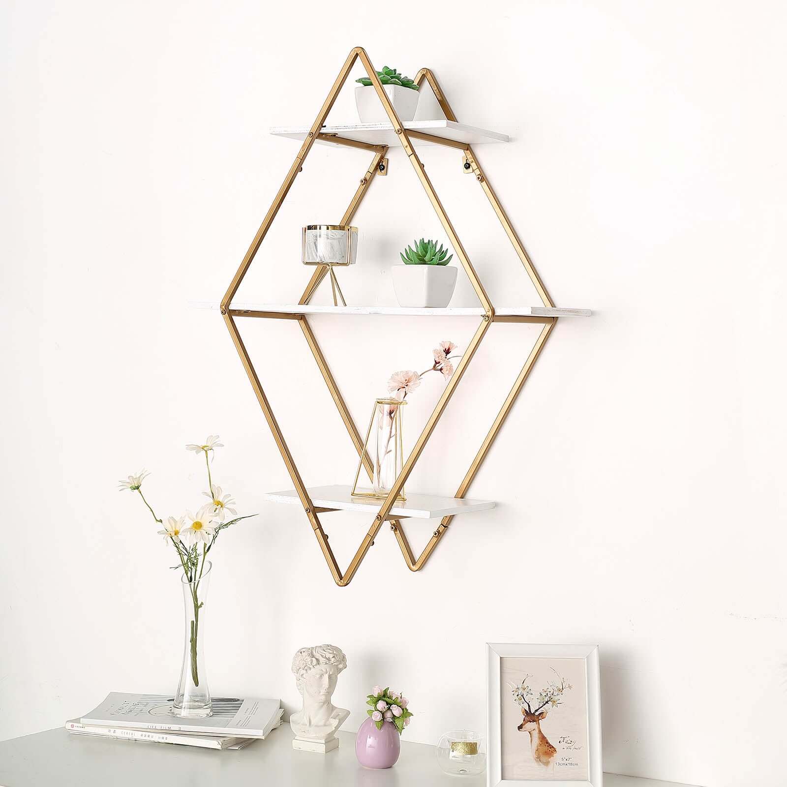 31" Geometric Diamond Shaped 3-Tier Gold Metal Dessert Cupcake Stand Rack, Wall Hanging Display Shelf Display, Book Shelf With White Wood Panels
