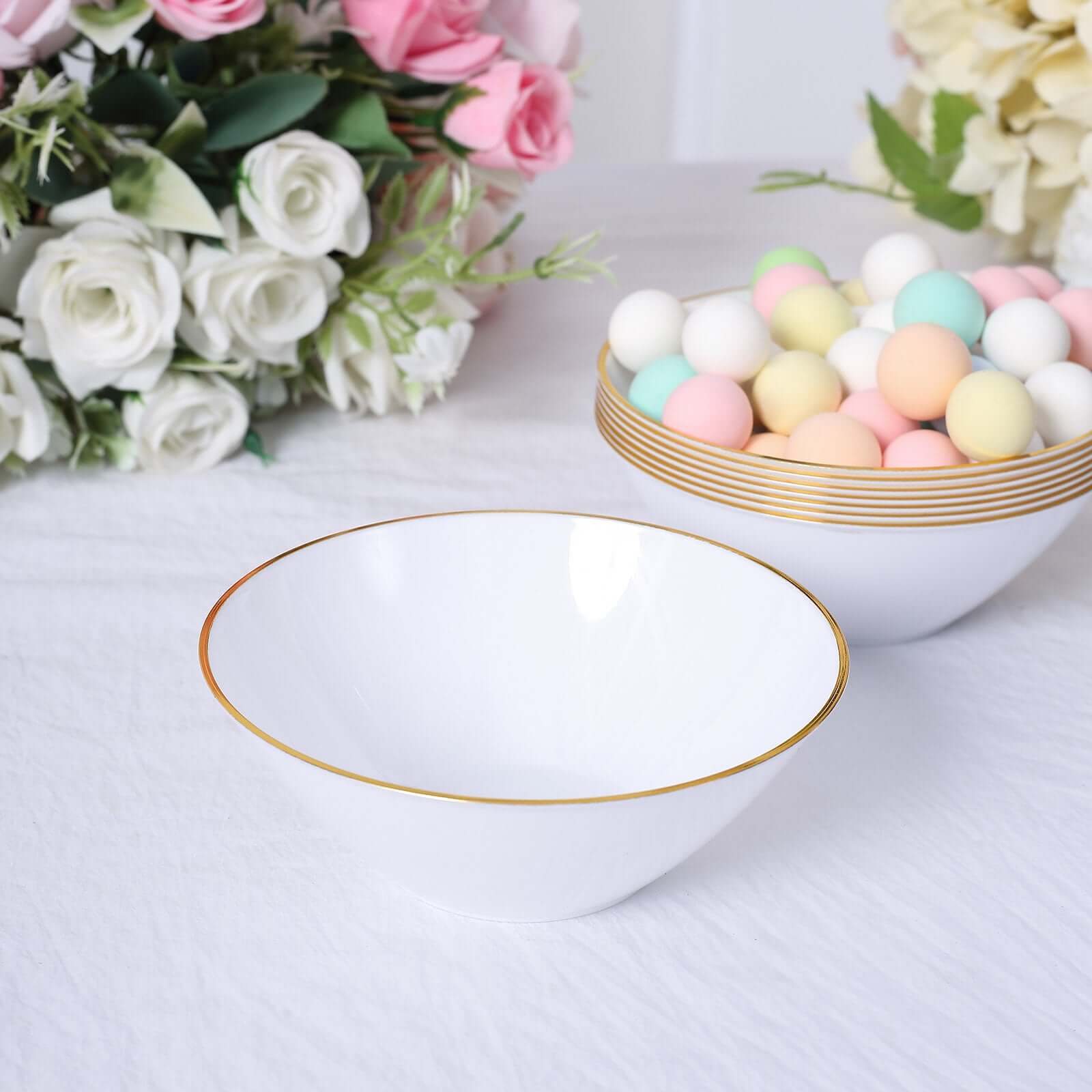 24-Pack Heavy Duty Plastic Ice Cream Bowls Glossy White Gold Rim Premium - Great for Events 7oz
