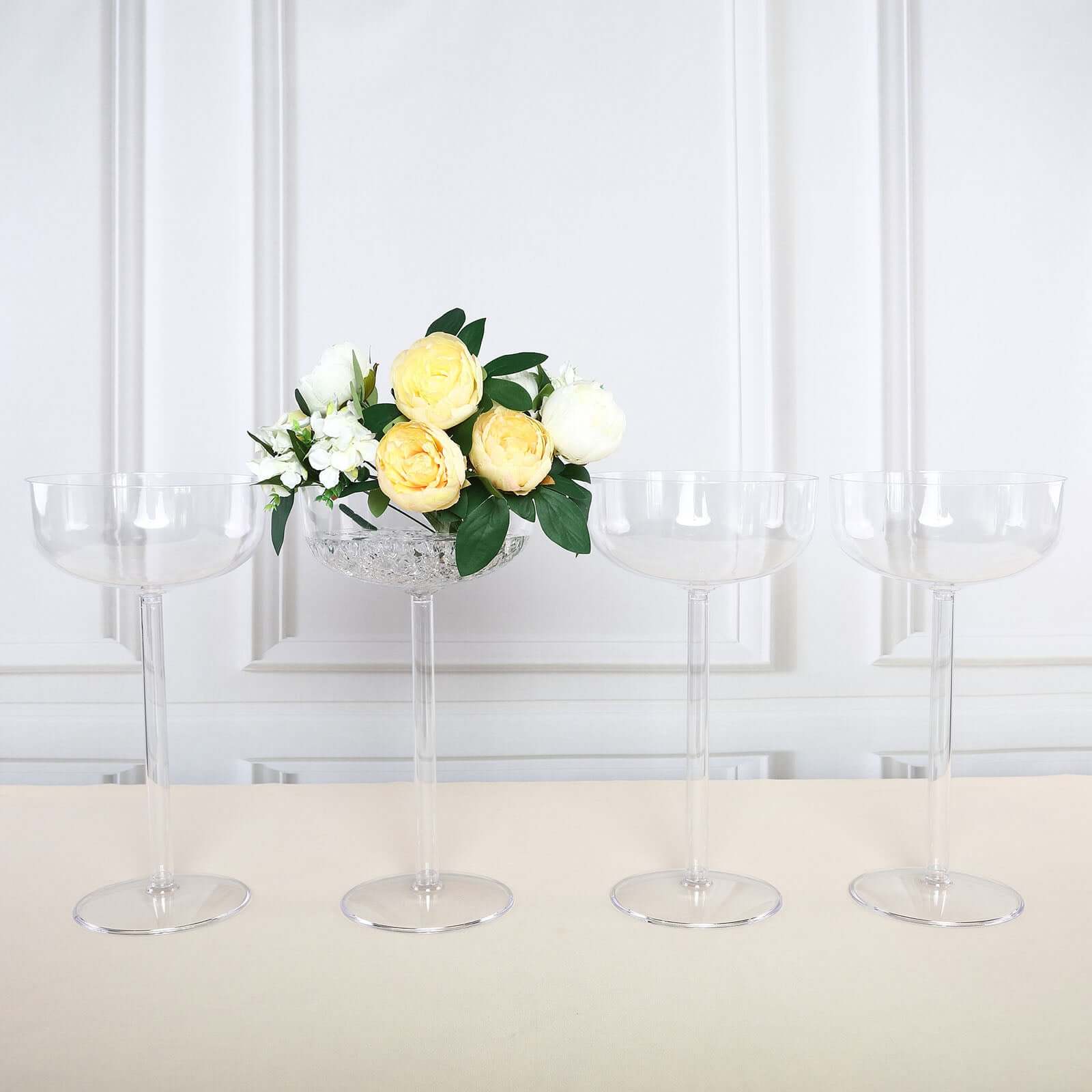 4-Pack Plastic Flower Vases Champagne Glass Design Clear - Fillable Long Stem Centerpieces for Events 18"
