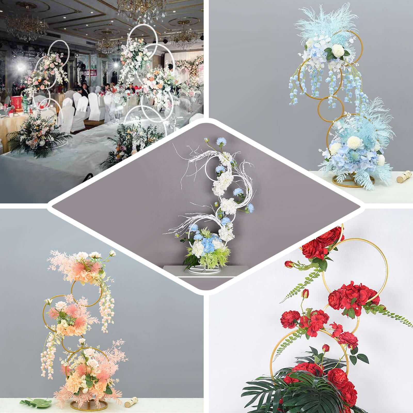 5ft 4-Tiered Gold Hoop Pillar Flower Stand, Metal Wedding Arch Table Centerpiece - Hoop Wreath