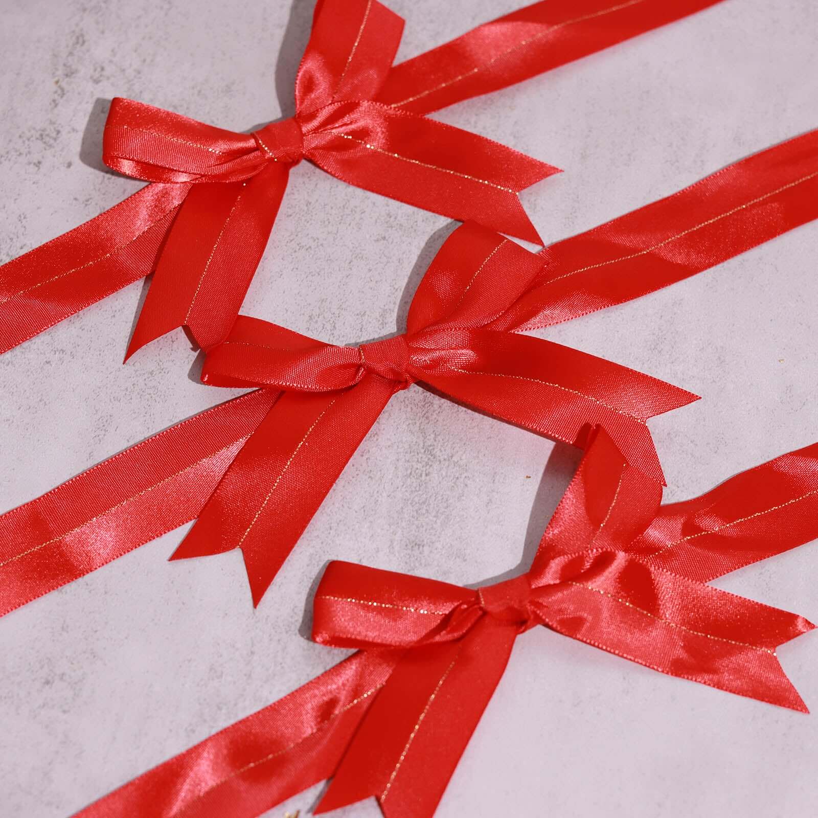 50 Pcs 10" Red Pre Tied Ribbon Bows, Satin Ribbon With Gold Foil Lining For Gift Basket and Party Favors Decor