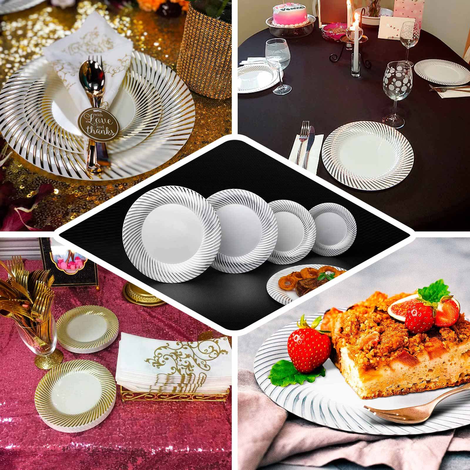 10-Pack Plastic 7" Round Dessert Plates in White with Silver Swirl Rim - Disposable Salad Plates