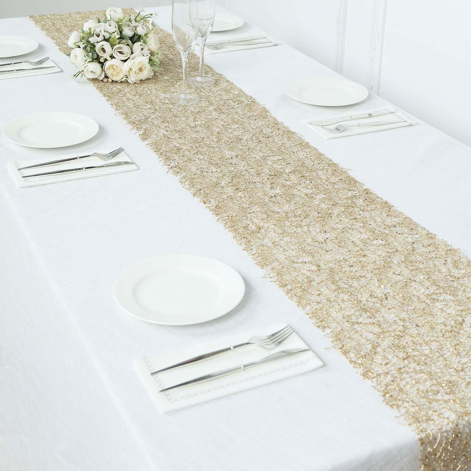 Mesh 12"x108" Table Runner Gold - Sequin Schiffli Lace Design for Stylish Celebrations
