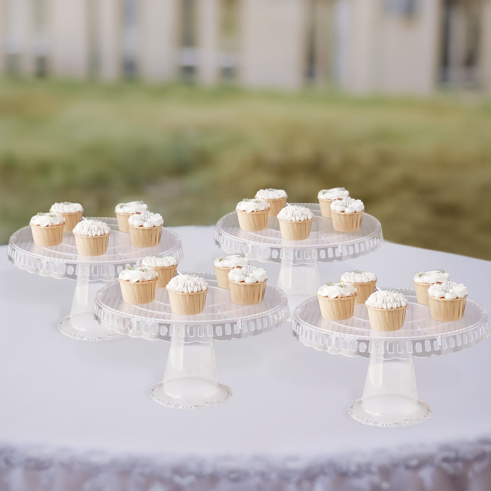 4-Pack Plastic Round Pedestal Cake Stands Clear - Reusable Cupcake Pastry Display Risers with Hollow Ribbon Trim Edges for Stylish Dessert Presentation 13"