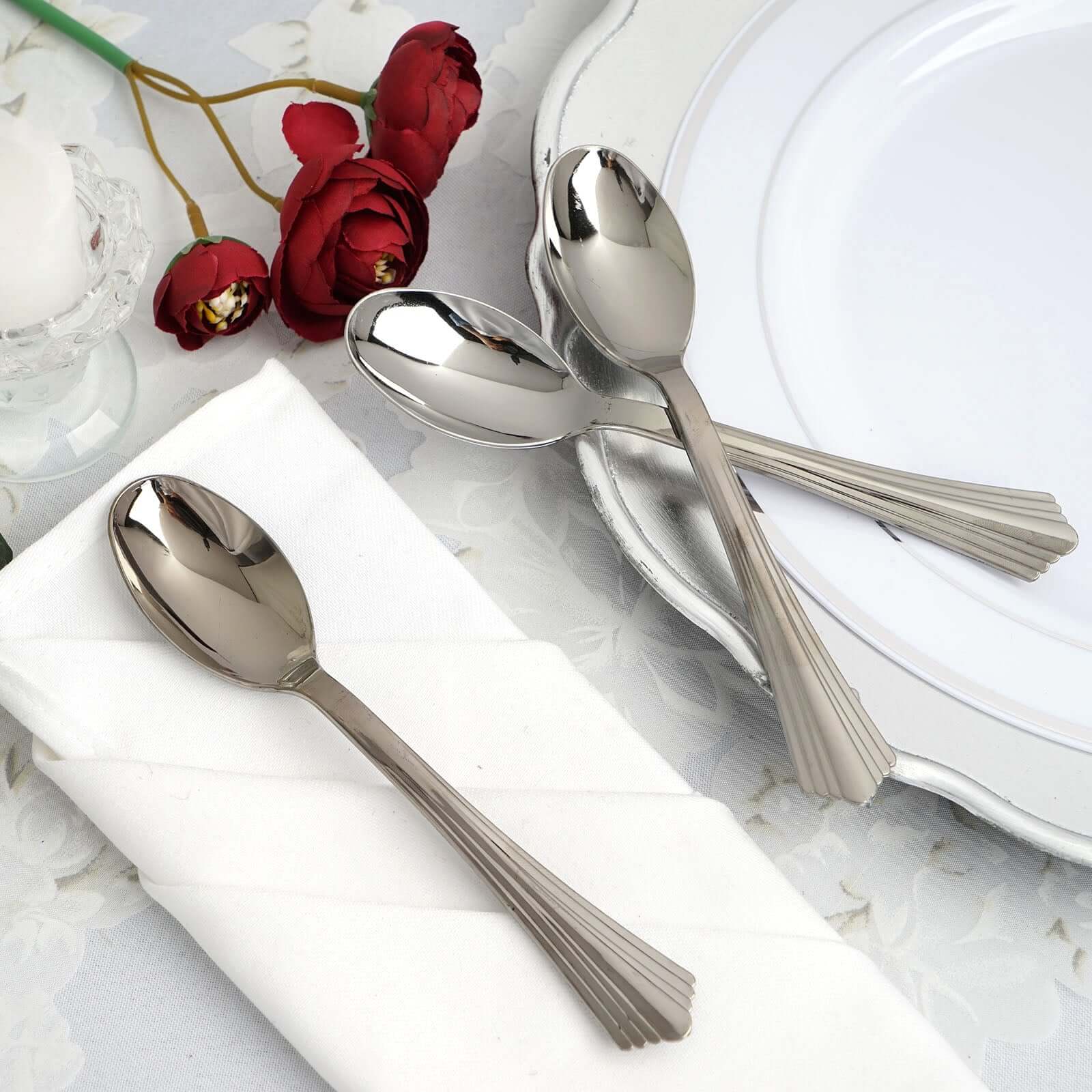 25-Pack Plastic Spoons Heavy Duty Titanium Silver Design - Durable Disposable Utensils for Parties 7"