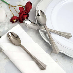25-Pack Plastic Spoons Heavy Duty Titanium Silver Design - Durable Disposable Utensils for Parties 7"