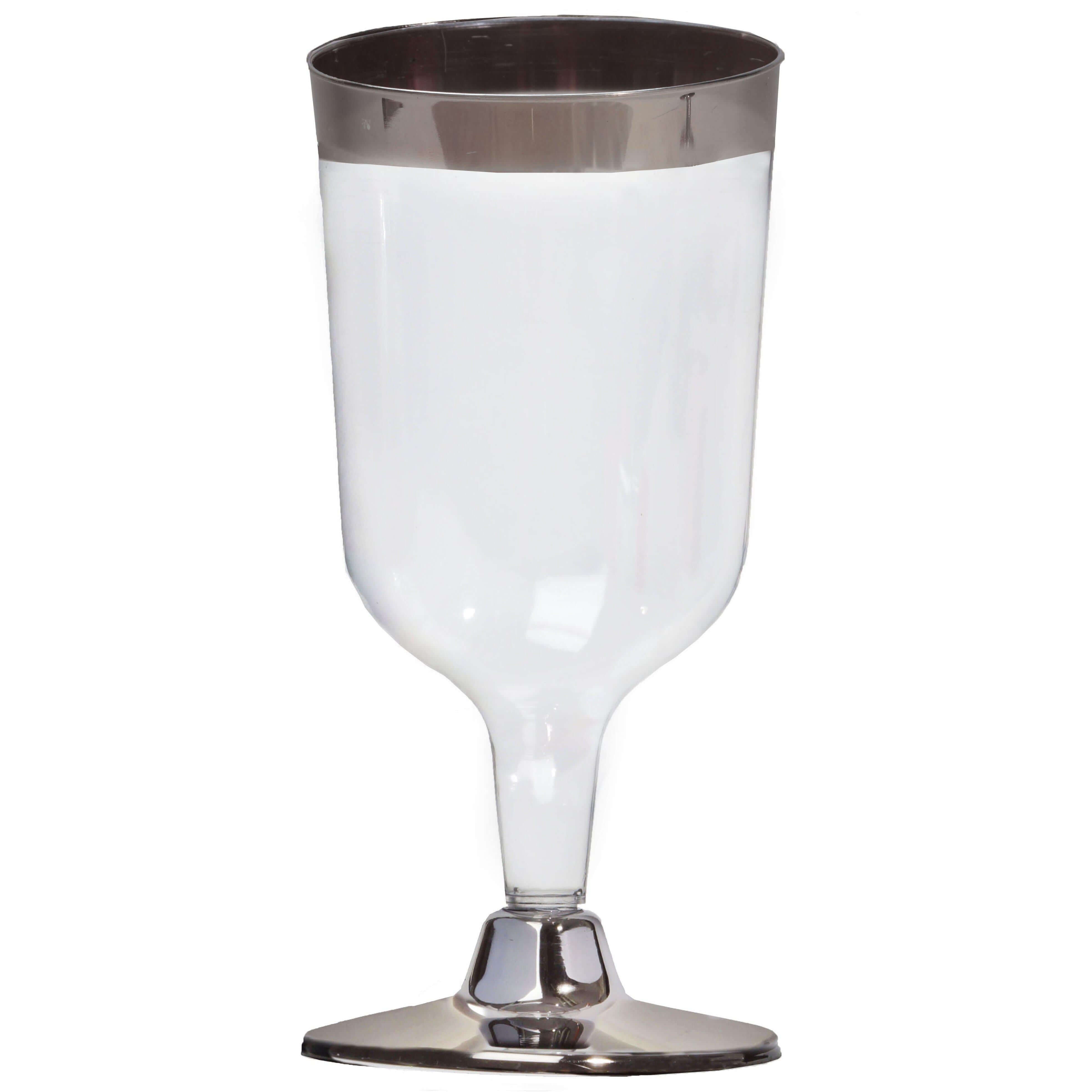 12-Pack Plastic Wine Glasses Clear with Chrome Silver Rim - Stylish Short Stem Disposable Cups for Parties 6oz