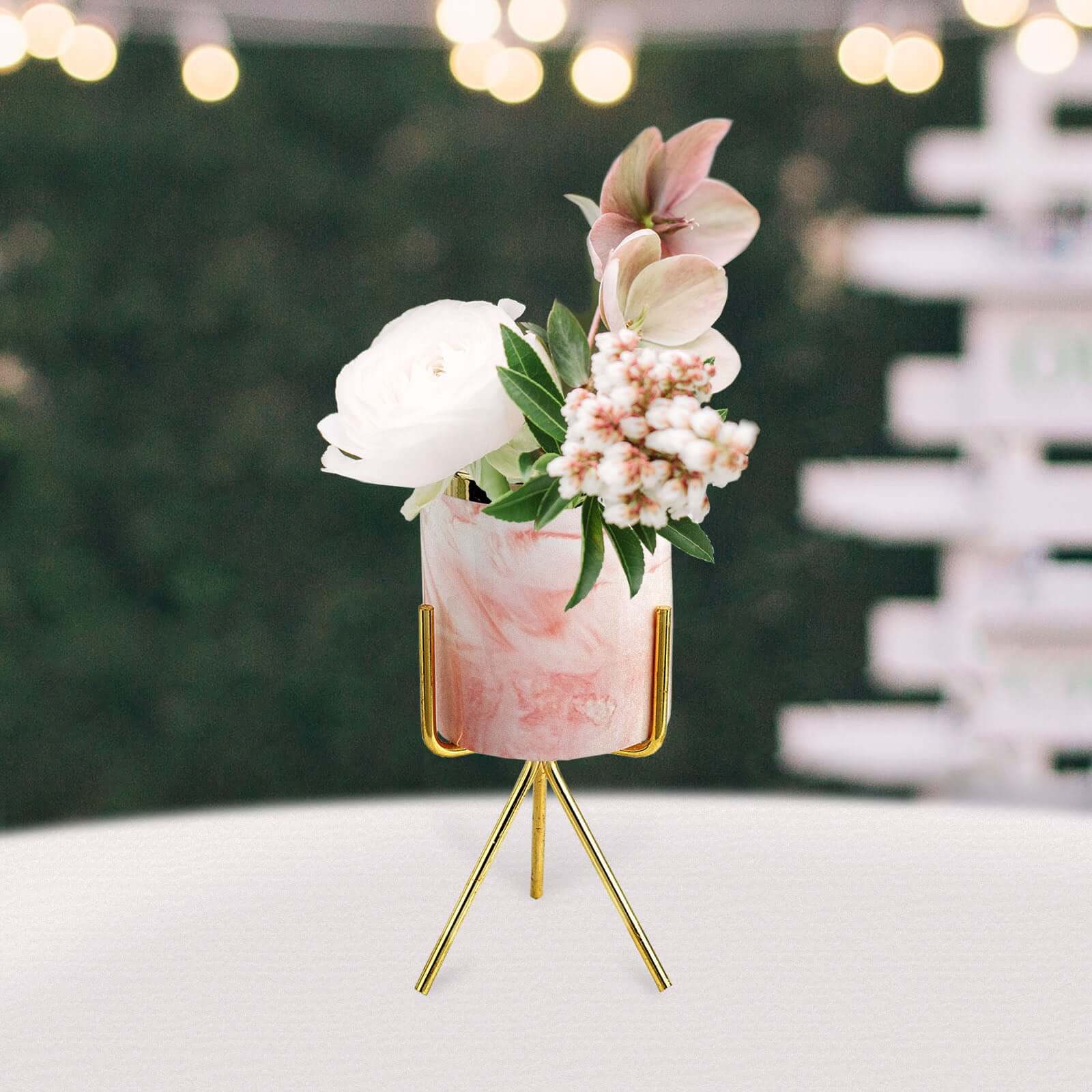 Ceramic Planter Gold Rimmed Pink Marble Design with Gold Metal Stand - Decorative Vase 8"