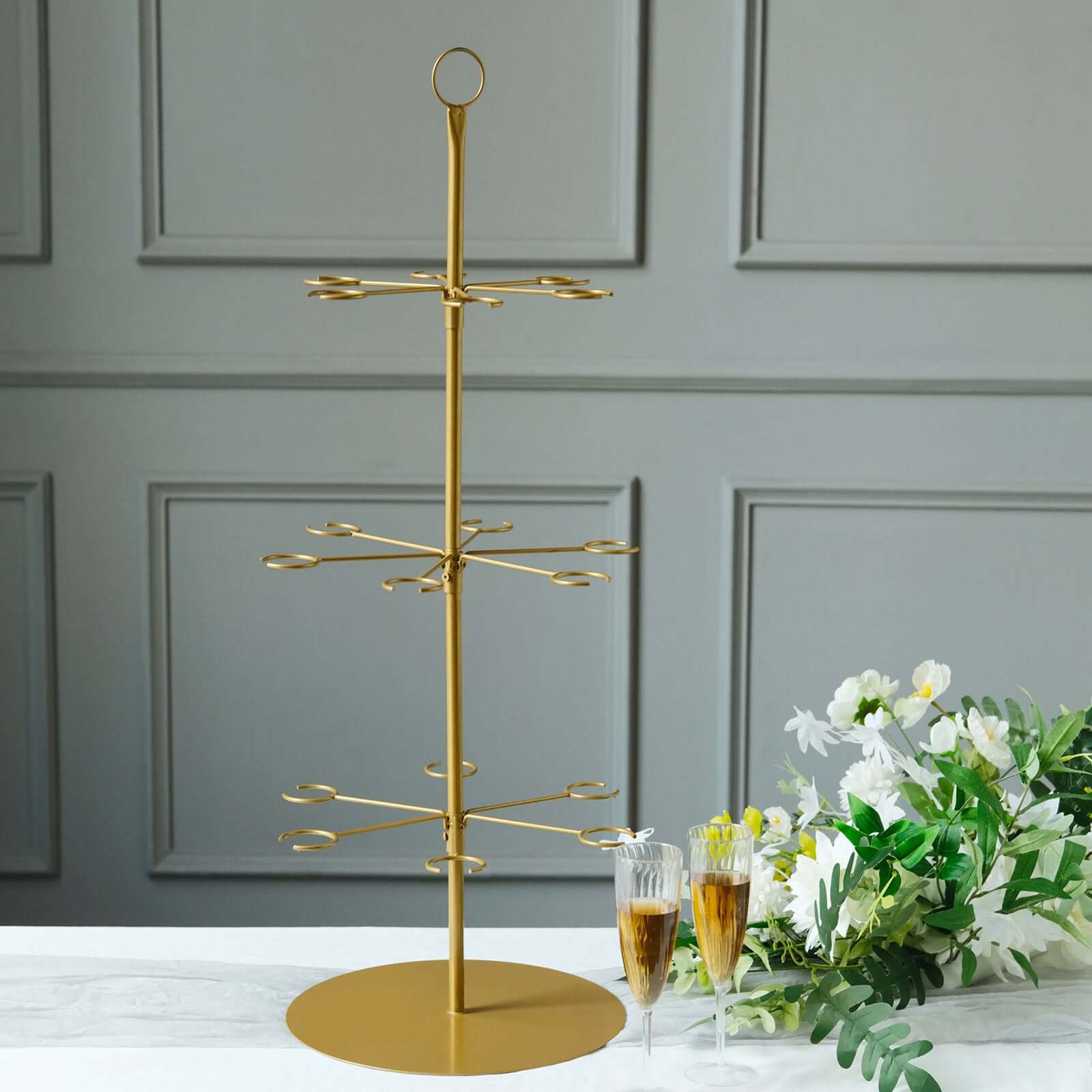 3-Tier Champagne Glass Holder Tower Gold - Modern Metal Flute Display Rack Cocktail Tree Stand for Professional & Home Use 33"