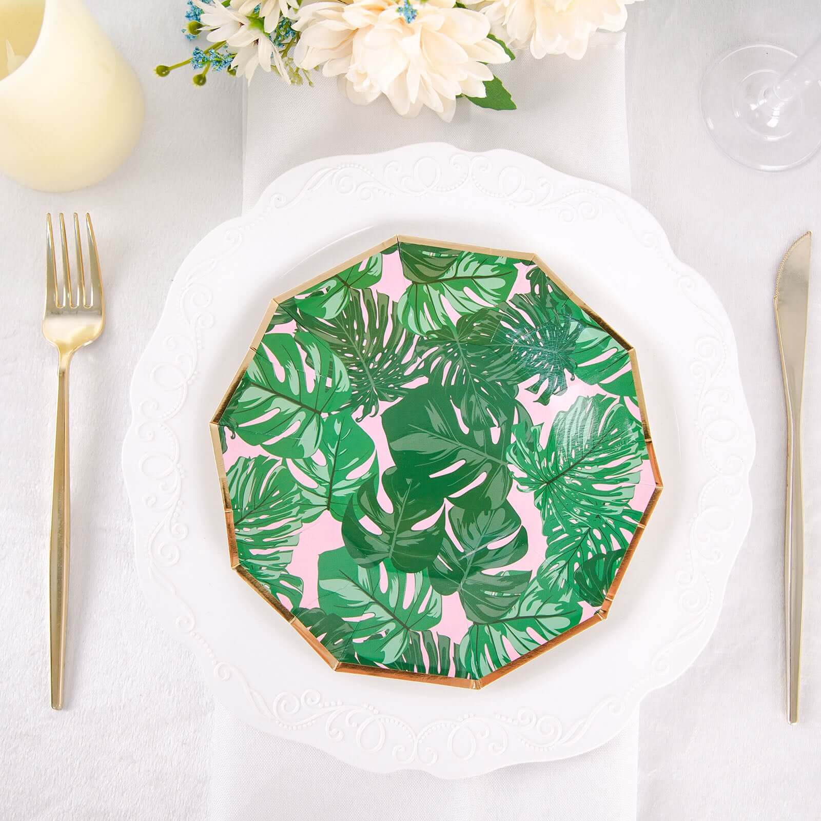25-Pack Paper 7" Decagon Dessert Plates in Pink with Green Tropical Palm Leaves & Gold Rim - Disposable Geometric Appetizer Salad Plates for Boho Chic & Jungle Themed Events