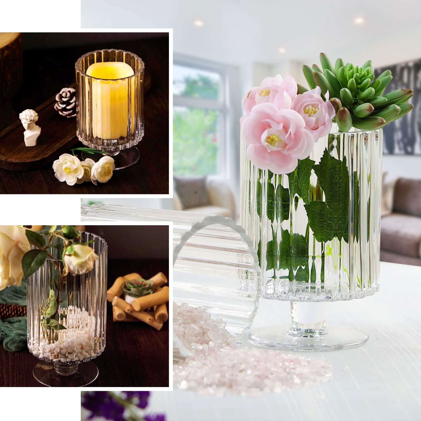 2-Pack Glass Pedestal Vases Ribbed Design Clear - Durable Votive Candle Holders for Events 9"