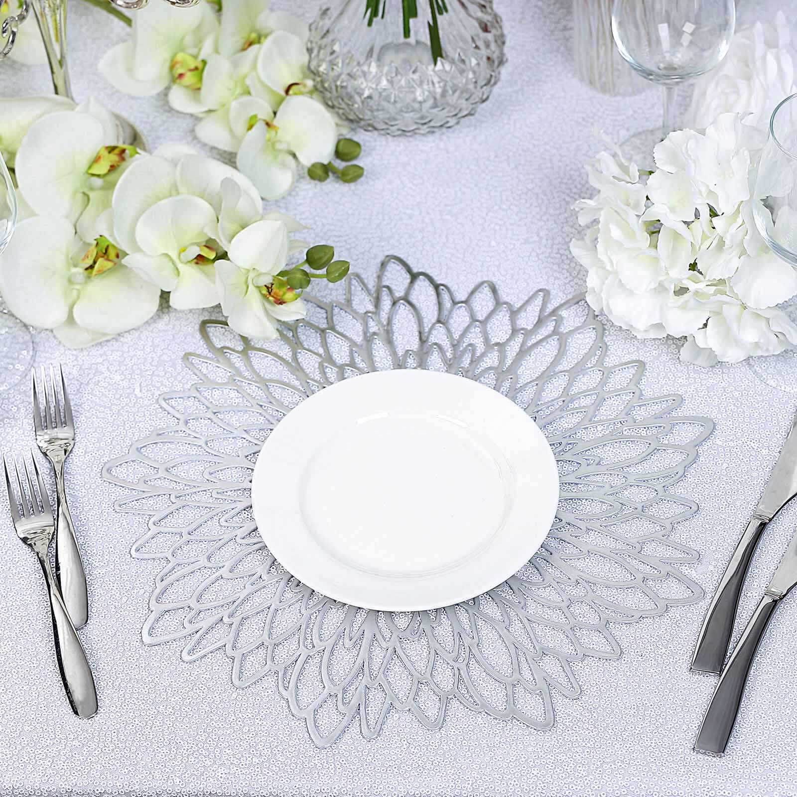 6-Pack Dining Table Mats Floral Design Silver - Metallic Vinyl Round Non-Slip Mats for Tables 15"